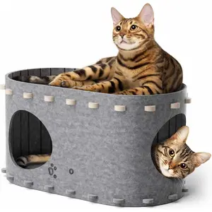 House for Indoor Cats,  Bed Cave for Multiple & Large Cats Up to 22 Lbs, Scratch Resistant, Foldable Peekaboo Kitten Caves Tunnel Enclosed Bed, PeekaPurr, Light Gray