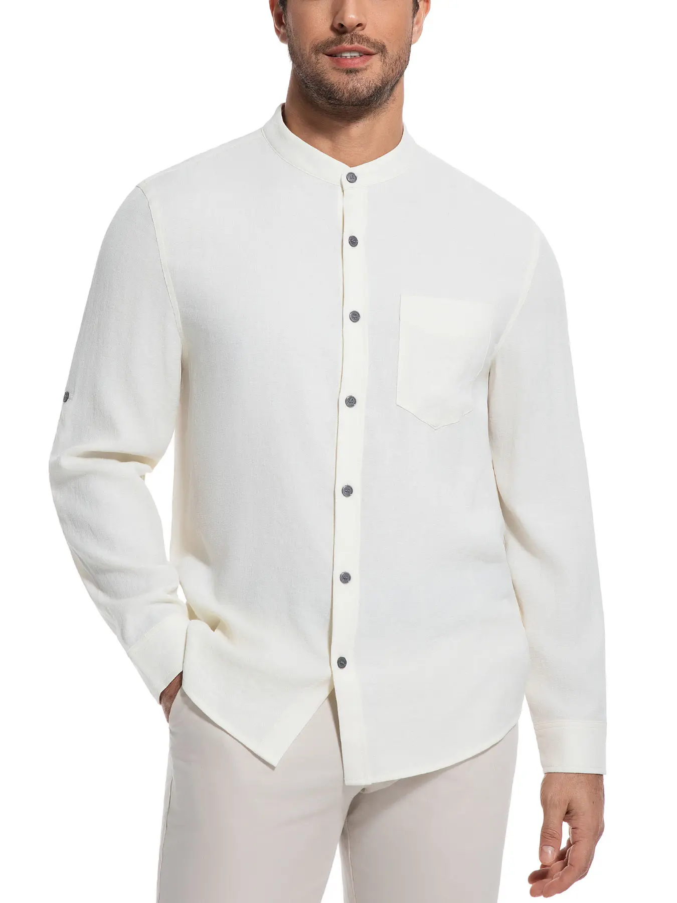 Men’s Mandarin Collar Button Down Shirt, Long Sleeve, Lightweight Breathable Textured, Casual Dress Shirt with Chest Pocket, Solid Color