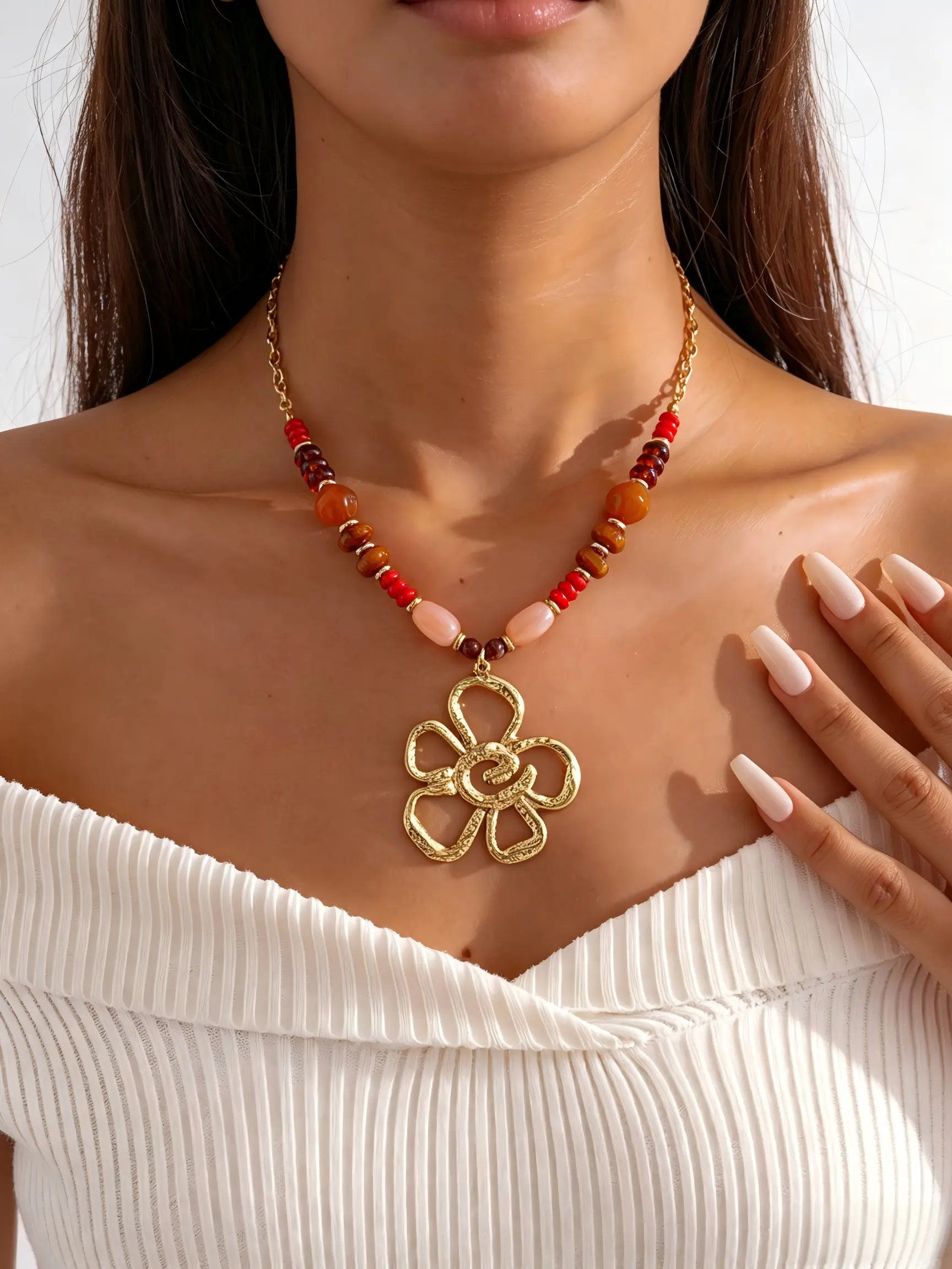 Vintage Resin Beaded Flower Charm Necklace for Women, Beach Vacation Style Pendant Necklace, Elegant and Stylish Jewelry for Summer