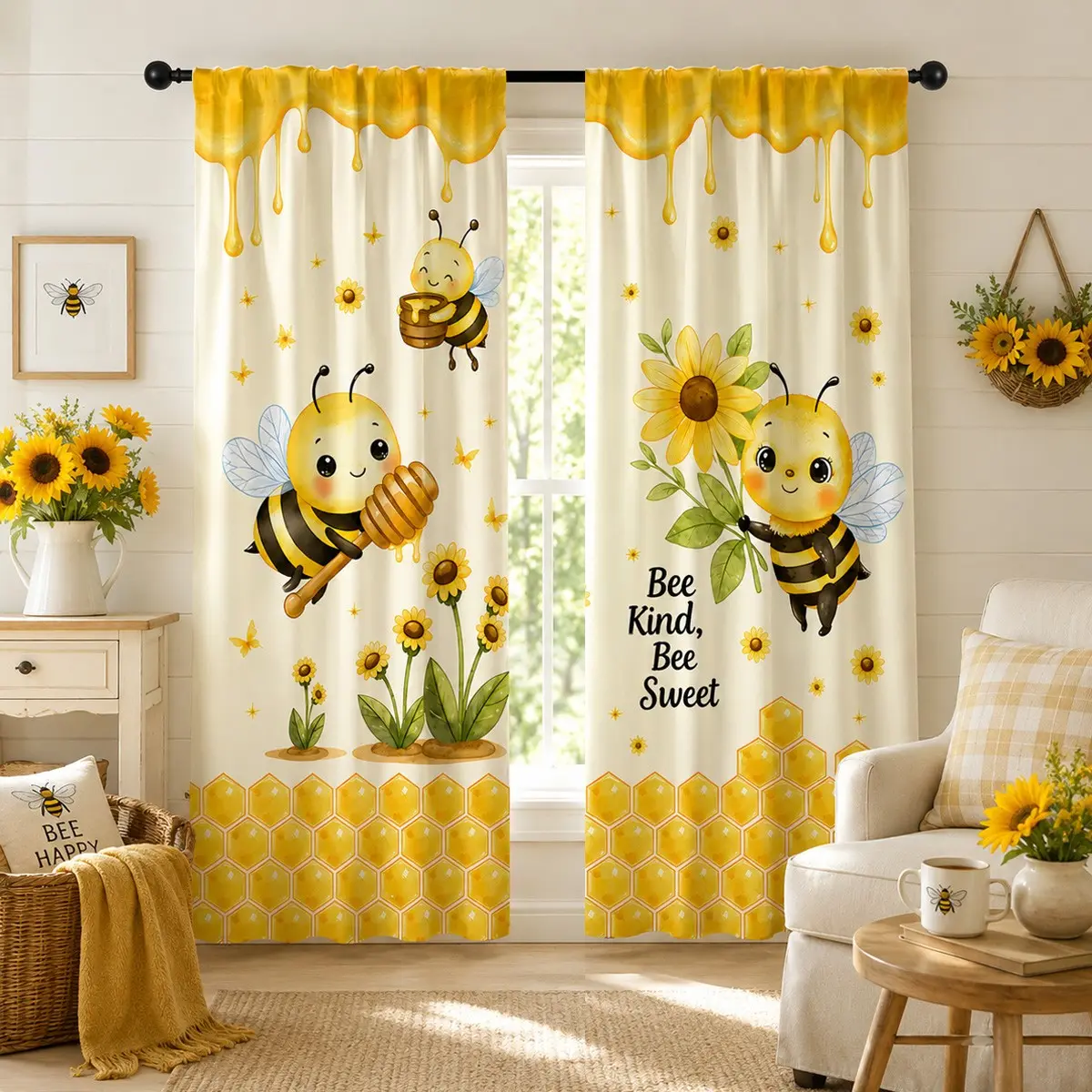 Cartoon Bee Sunflower Curtain Set, 2-Piece Kids Blackout Honeycomb Print Curtains, Boy Girl Bedroom Baby Room Warm Decor Window Drapes