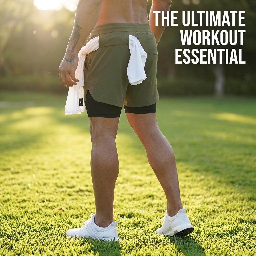 Men’s 2 in 1 Running Shorts Towel Loop  Shorts Dual Layered Sports Running Shorts with Pockets Comfortable Quick Dry Workout Shorts for Gym Outdoor Fitness Dual Layered Available