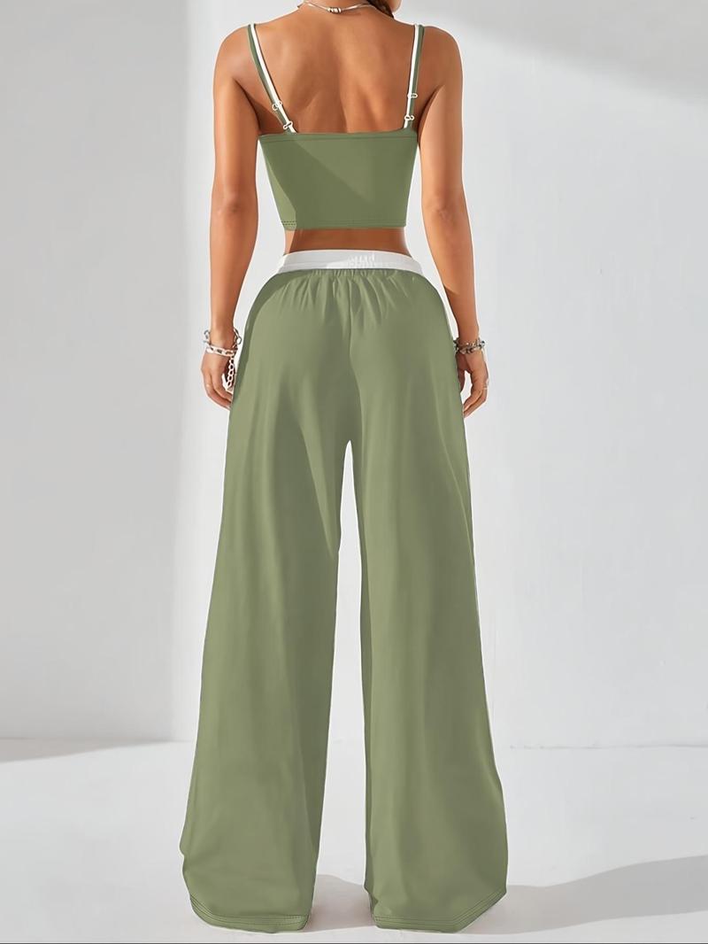 Two-Piece Set Women's Colorblock 2 in 1 Cami Top & Wide Leg Pants Set, Casual Sleeveless Top & Pocket Trousers, Ladies Summer Clothes, Casual Lounge Set