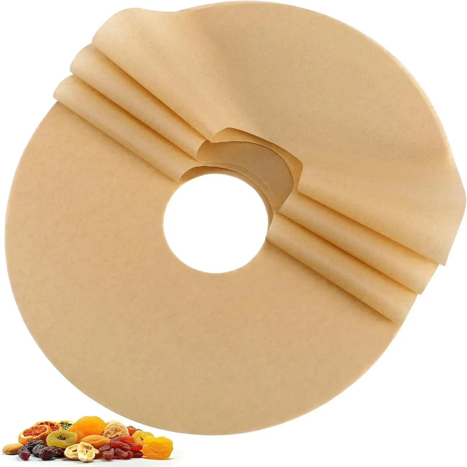 200 Pcs 12 Inch Round Parchment Paper with Hole Natural Unbleached Parchment Paper Sheets Non-stick Precut Disposable Silicone Coated Mat Food Drying Fruit Herb Spices