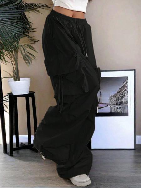 High Waist Drawstring Comfortable Wide Leg Cargo Pants, Casual Sporty Trousers, Elastic Cuffs and Fold over Pockets for Casual Street Style