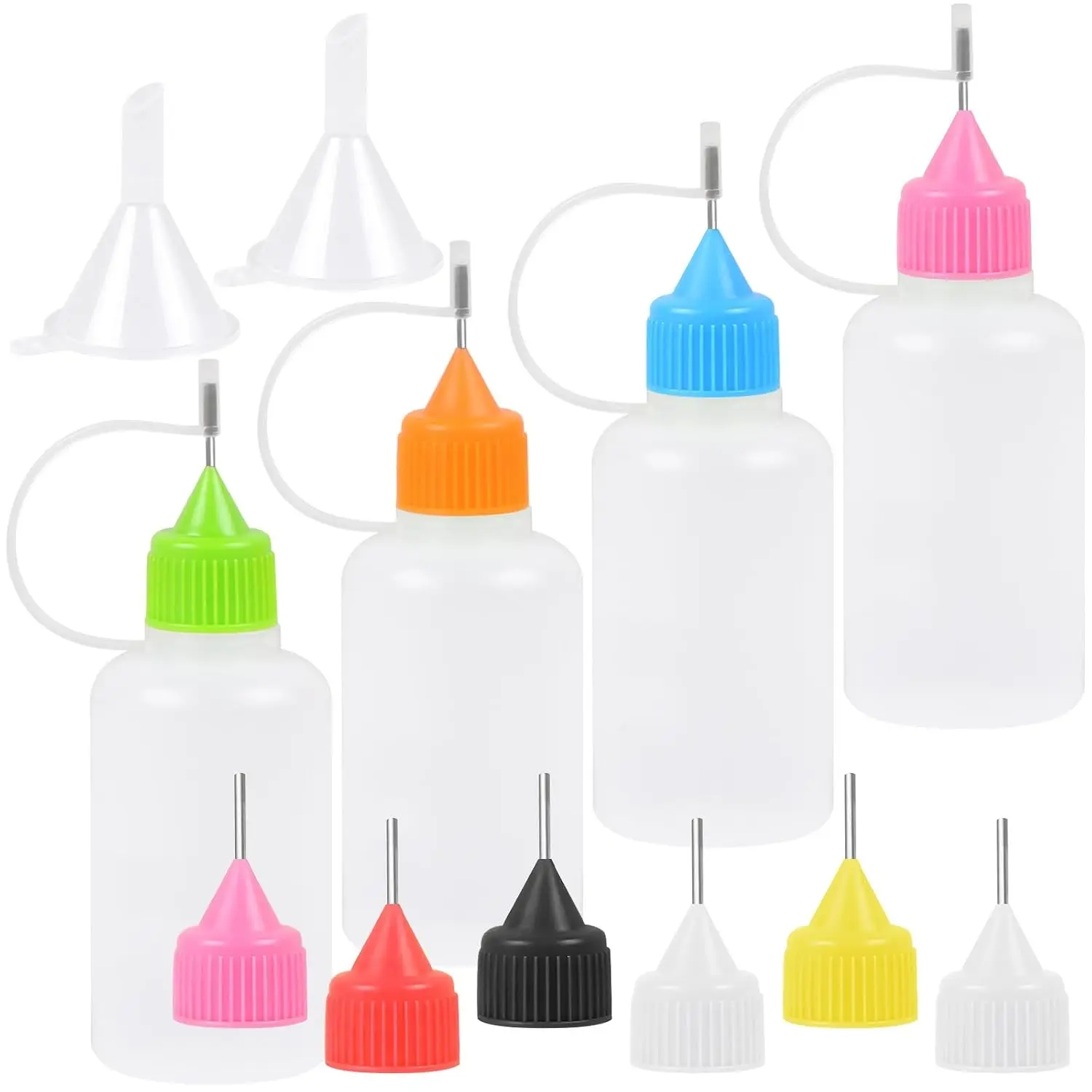 4PCS Precision Tip Applicator Bottle, 30ML/1 OZ Fine Needle Tip Squeeze Bottle with Multicolor Lids and 2 Mini Funnel for DIY Quilling Paper Craft Glue Ink Liquid Acrylic Painting