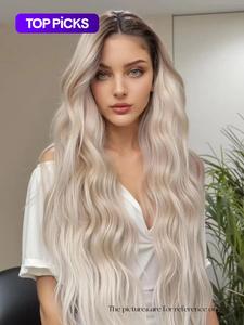 long wavy blonde wigs for women, gorgeous fluffy wigs without bangs, synthetic lace front glueless wigs for party, daily use