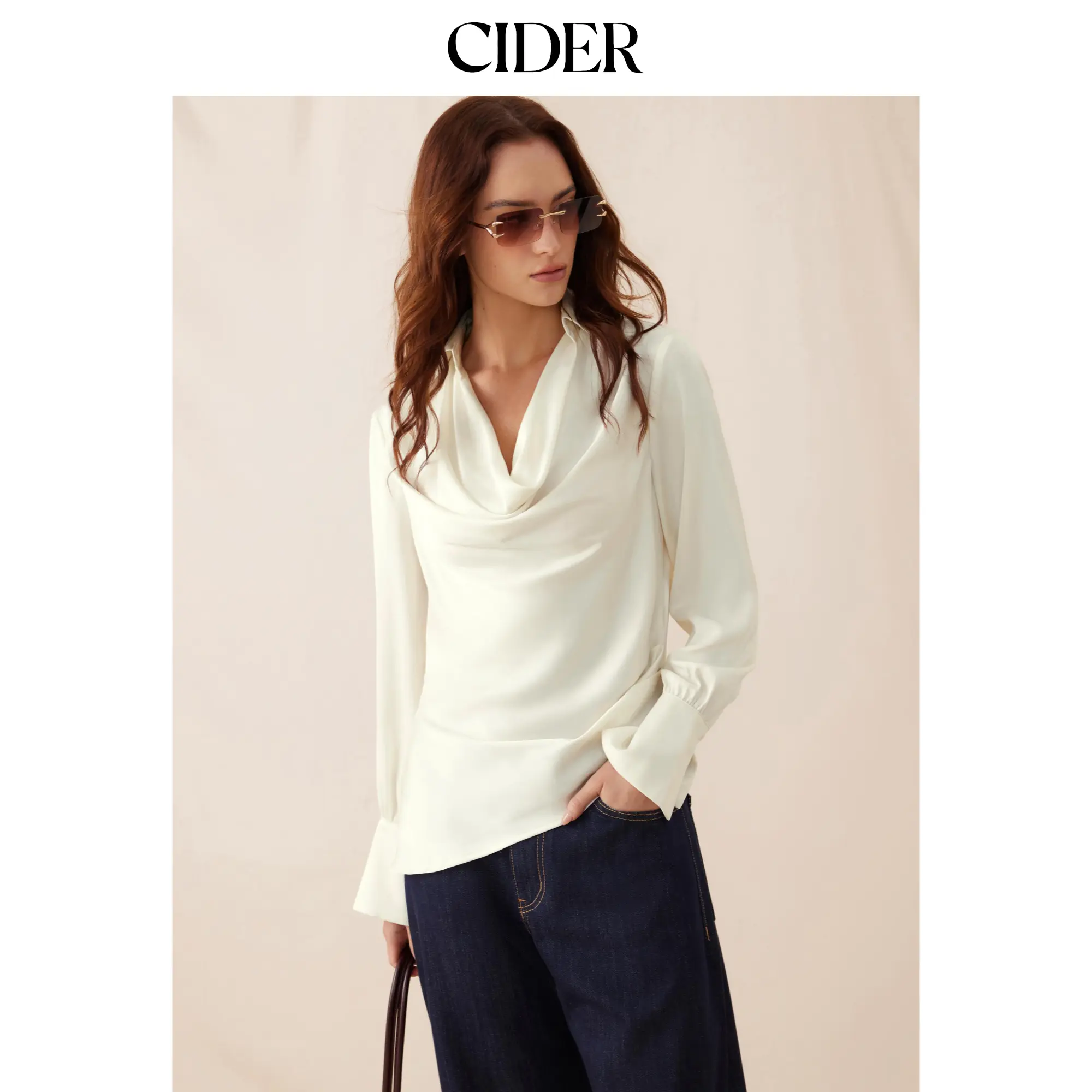 Cider Satin Cowl Neck Asymmetrical Hem Long Sleeve Blouse SummerFinds