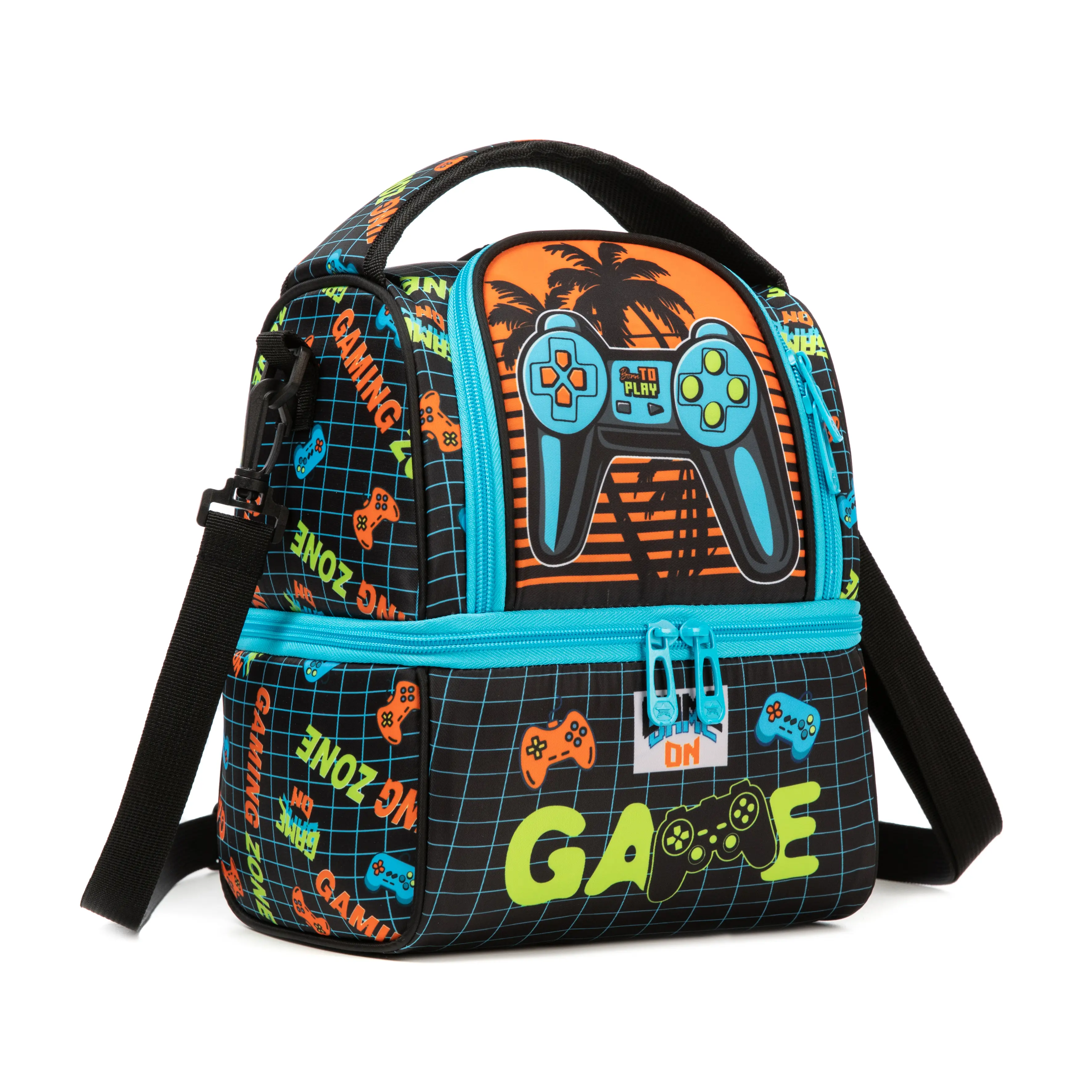 Retro Game Controller Print Double-Deck Insulated Lunch Bag - Adjustable Shoulder Strap Thermal Cooler Tote, Reusable Boys' Food Bag for School, Picnic