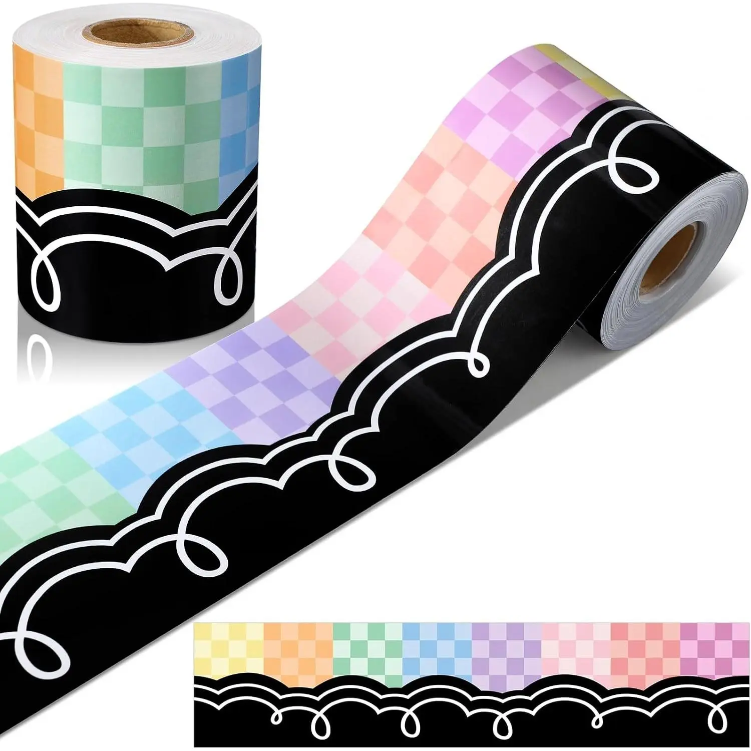 65ft Pastel Checkered Bulletin Board Border Black with White Squiggles Straight Border Trims Colorful Classroom Decoration for Back to School Office Home Wall