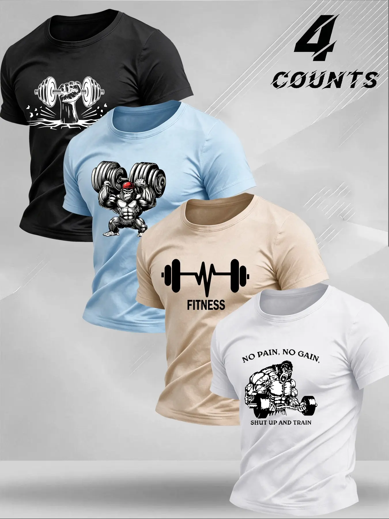 Men’s Dumbbell Weightlifting Gorilla Heartbeat Fitness Motivational Slogan Graphic Crew Neck Short Sleeve T-Shirt Athletic Training Casual Daily Tee For Gym Workout Weight Lifting Street Outfits