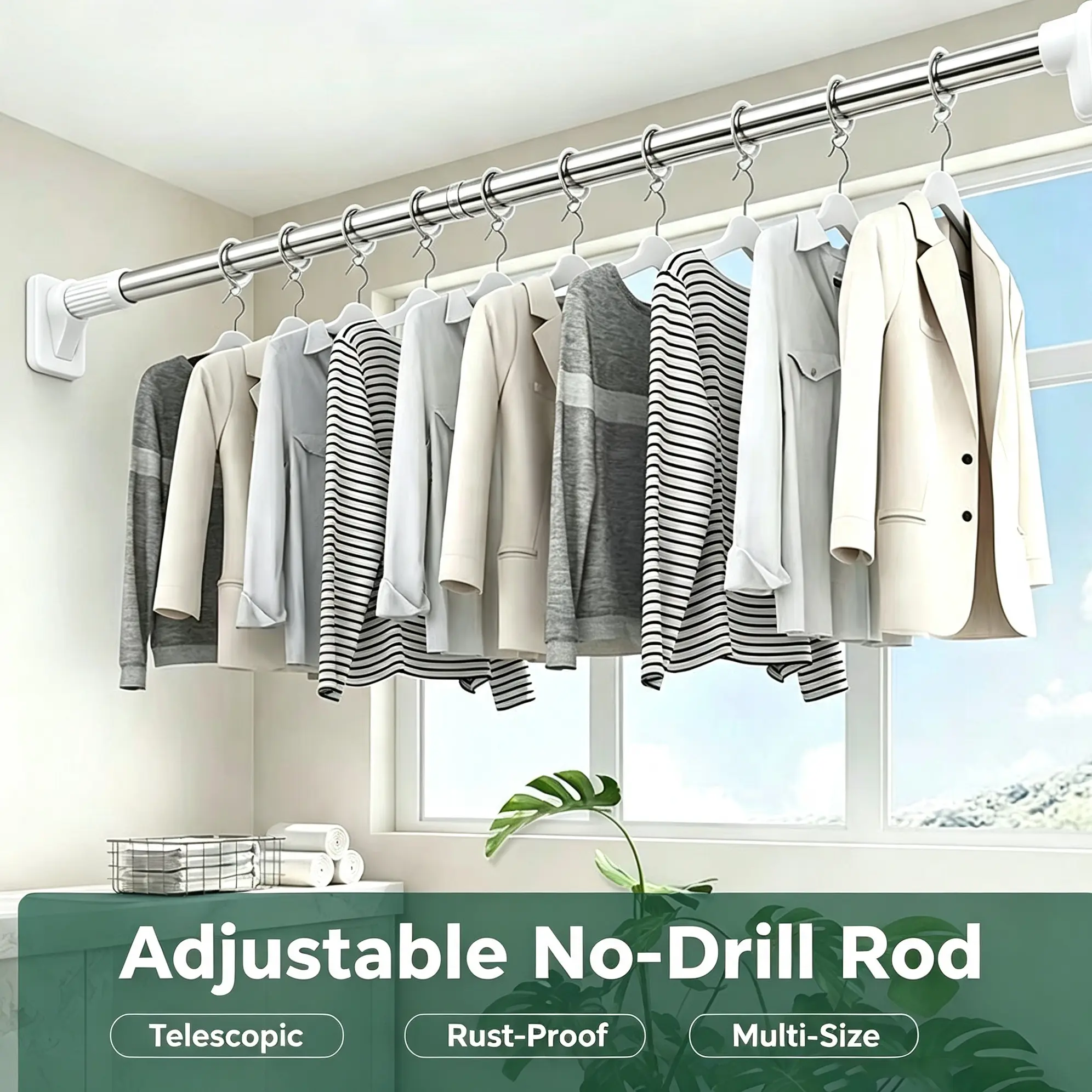 Adjustable No-Drill Wardrobe Rod, Telescopic Clothes Drying Rod, Stainless Steel Rust-Proof Tension Rod, Available In Multiple Sizes, Multifunctional Curtain & Shower Curtain Rod for Balcony, Bathrooms, Shelves, Wardrobes, Home Essentials