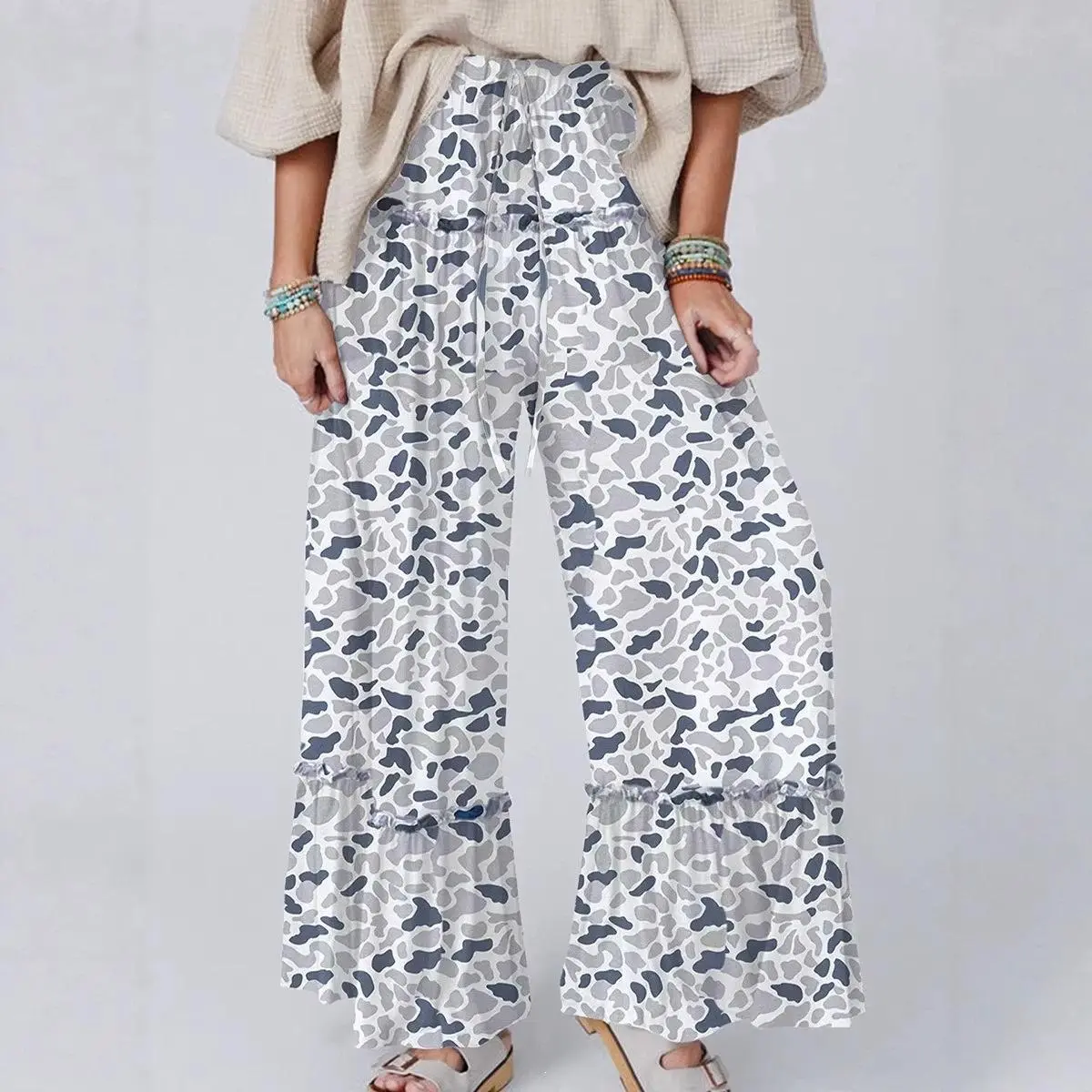 Fashion Cute Leopard Print Flare Wide Leg Pants for Women, Comfort Oversized Cotton Outfit, Elastic Drawstring Waist Ruffle Hem Trousers, Ideal Valentine’s Day Gift for Lover, Perfect Holiday Present for Family & Friends