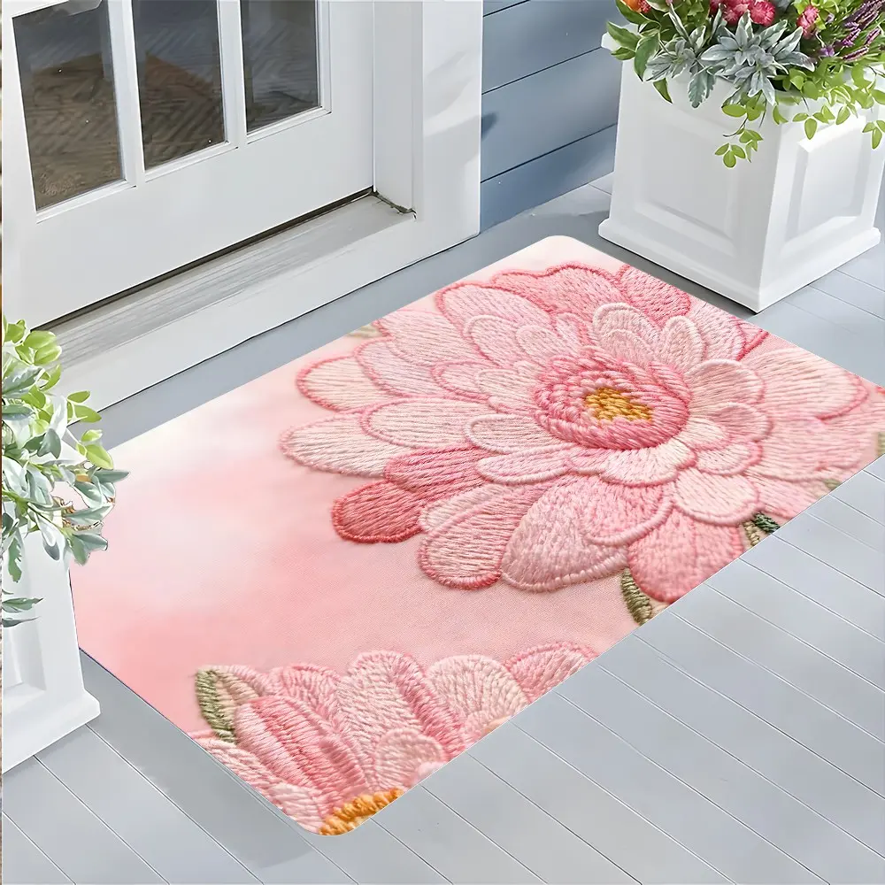 1 Piece Pink Embroidery Flower Welcome Doormat,Soft Pink Pattern Front Door Mat,High-end Design Highly Absorbent Floor Mats, Anti-slip Quick drying Soft Carpets, Suitable for Multi-scenario, Indoor Outdoor Entrance Carpet Home Decor,Perfect Gift