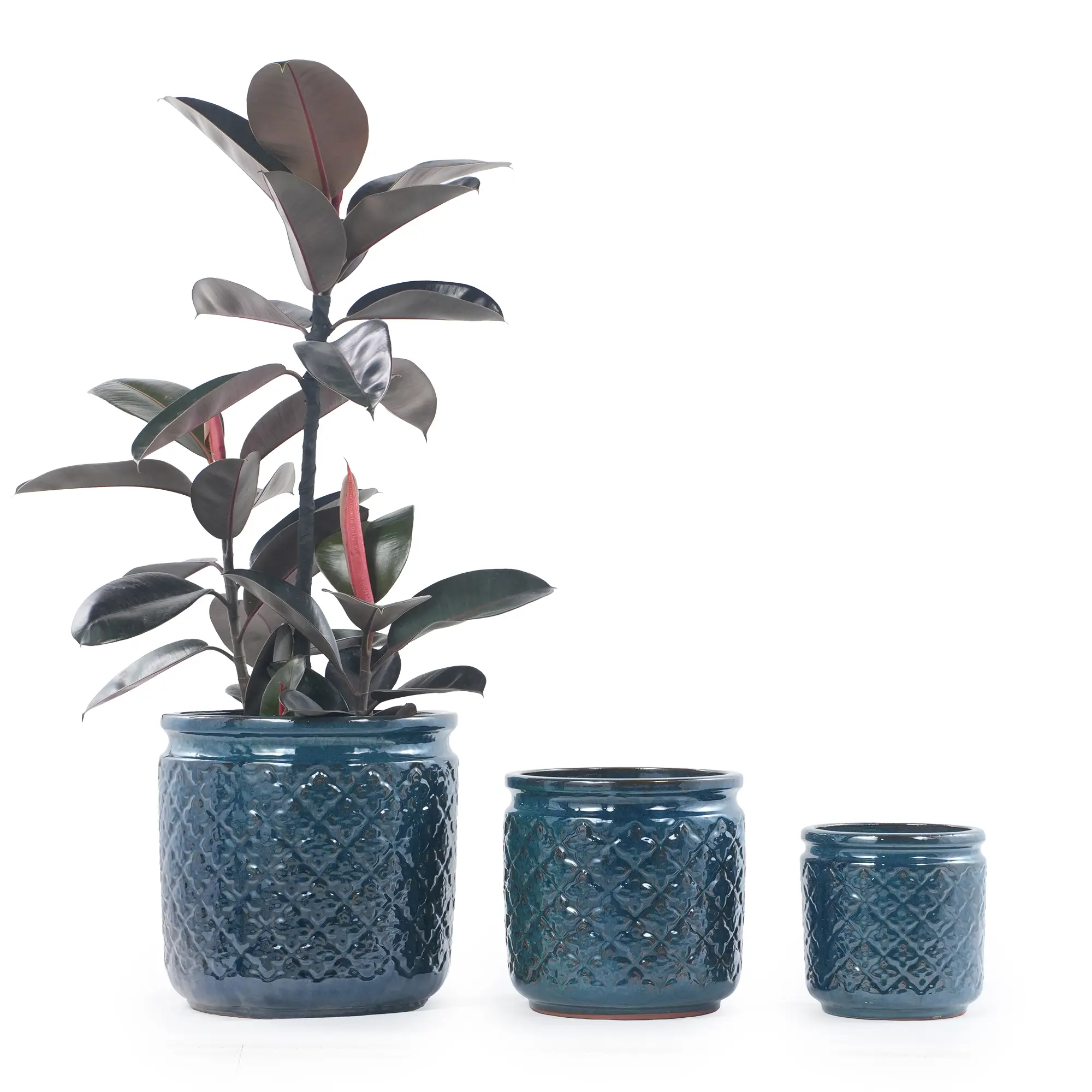Nokaa Handmade Ceramic Flower Pot Set of 3, 15/12/9 Inch Diameter, Navy Blue Geometric Pattern, Breathable Clay Pots for Orchids Indoor Outdoor, Windowsill Bookshelf Planter, Modern Decor