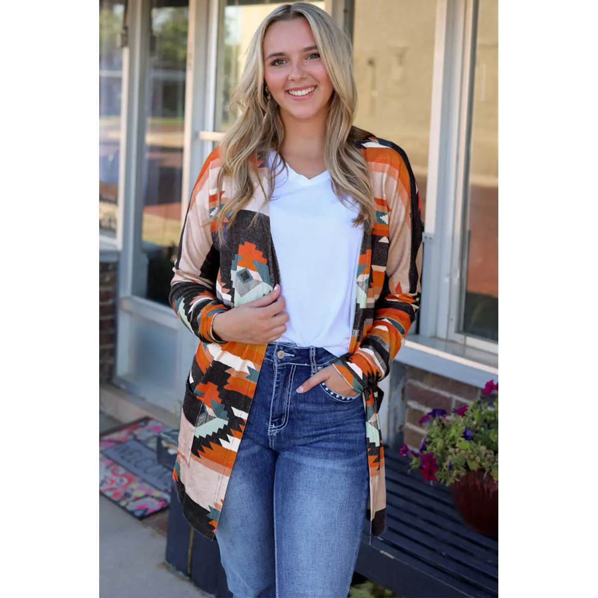 Orange Western Tribal Aztec Print Cardigan