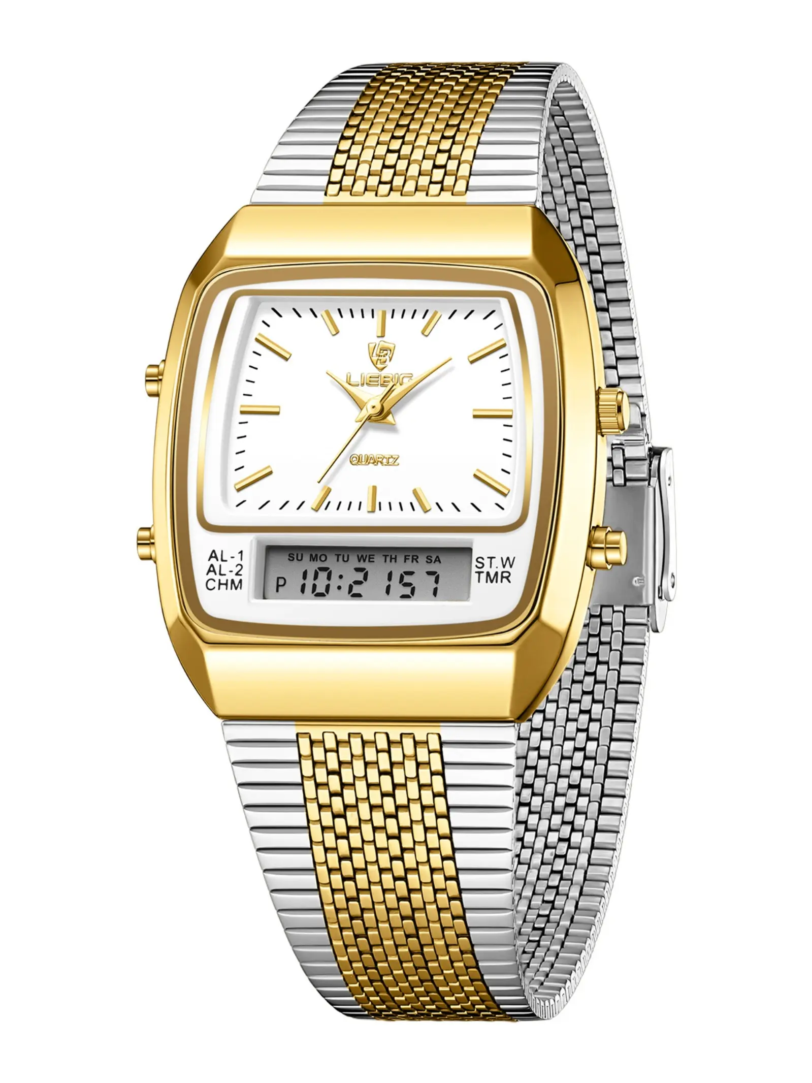 Men's Dual Display Quartz Watch, Classic Square Dial, Digital Sub-Dial, 30m Waterproof, Alarm & Stopwatch, Stainless Steel Strap, Zinc Alloy Case, Quartz Wristwatches