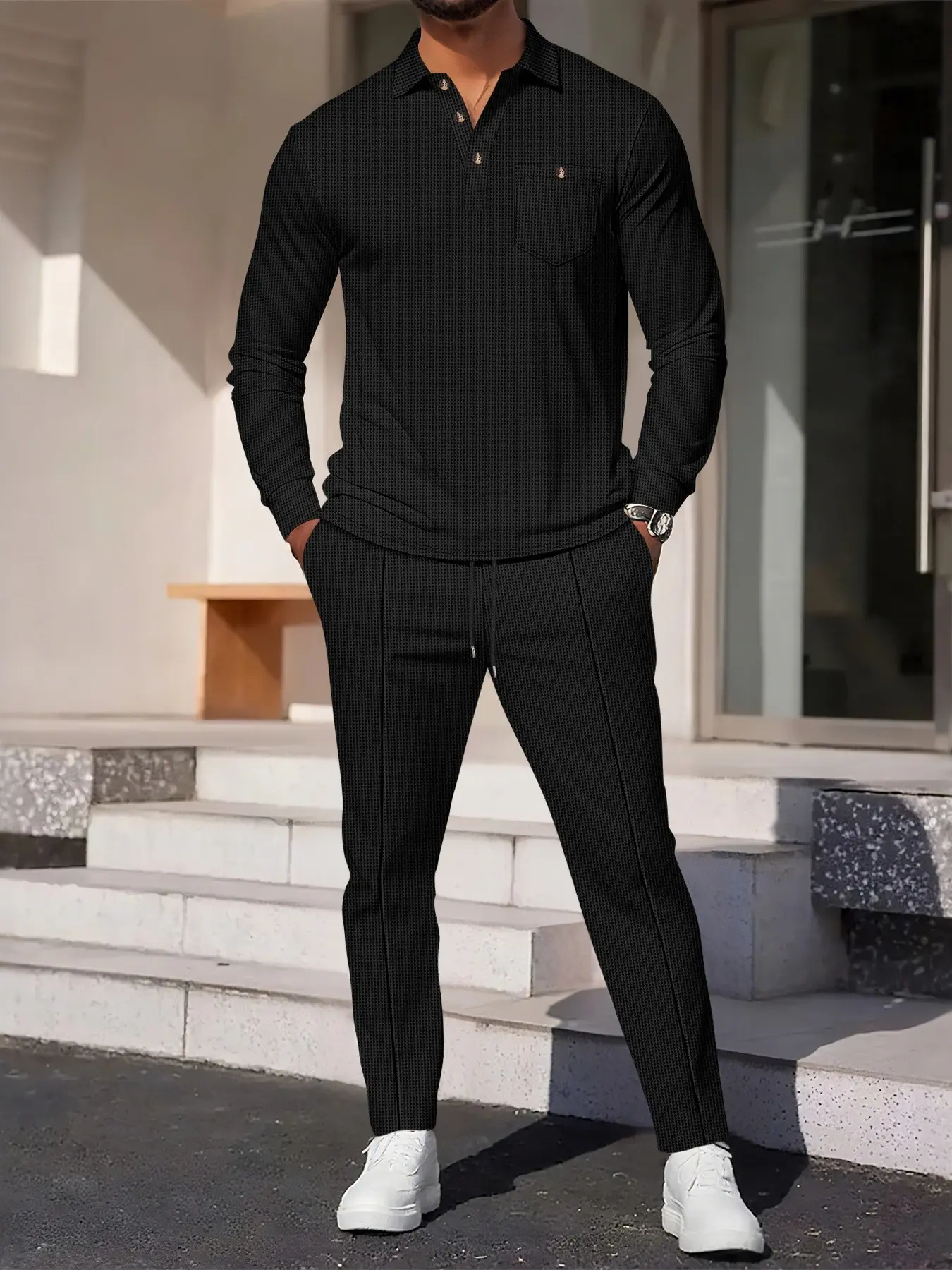 Men's Two-Piece Set, Textured Long Sleeve Henley Polo Shirt & Drawstring Straight Leg Pants, Business Casual, Stylish Men's Clothing
