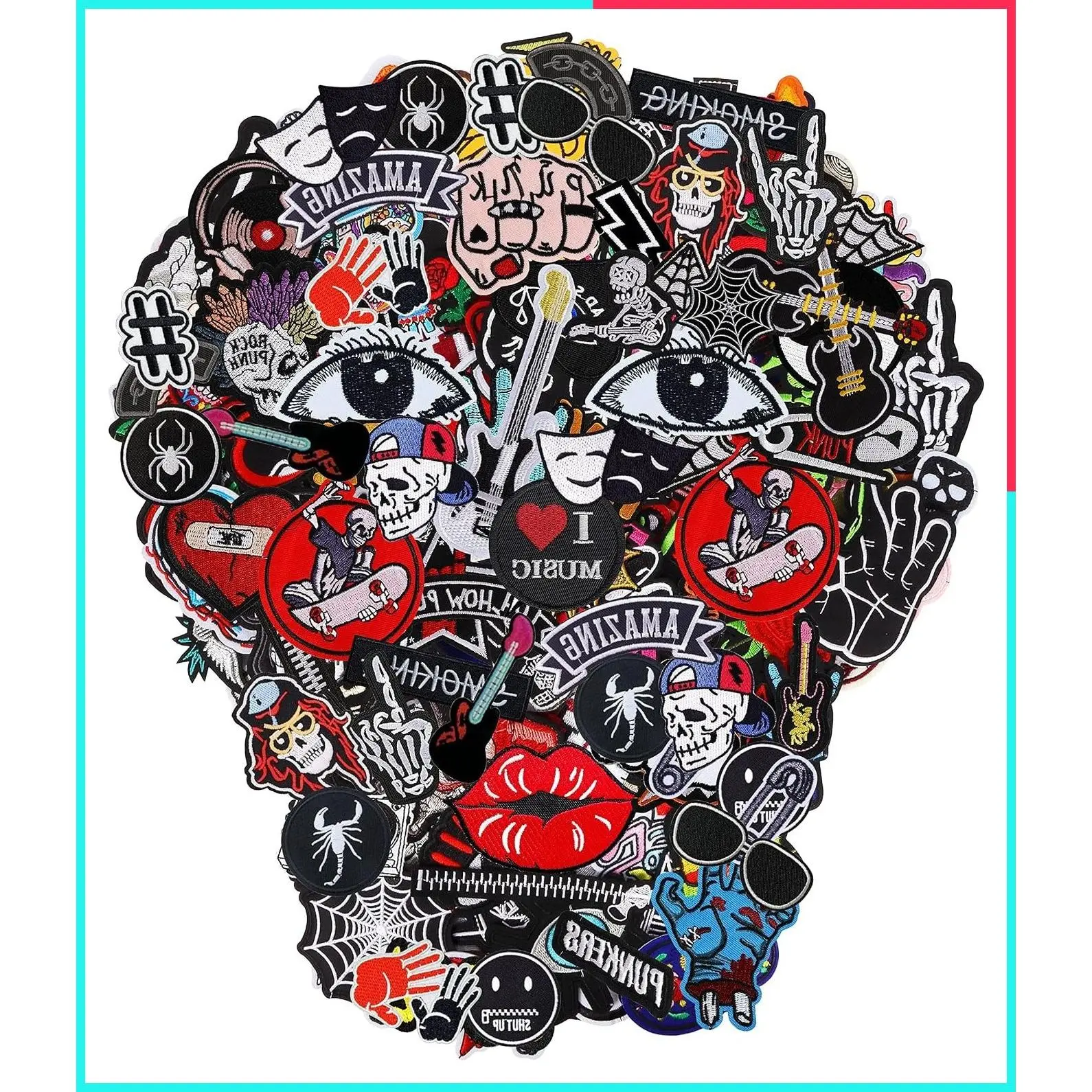 30Pcs Random Punk Embroidered Iron-On Patches for Jackets, Backpacks, Hats | Sew-On Appliques with Skulls, Guitars, Rock Gestures | Easy DIY Daily Wear