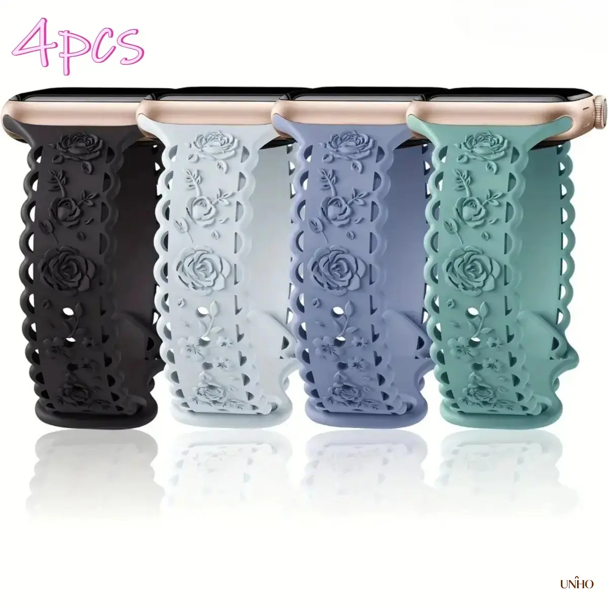 Women’s 4-Pack Slim Lace Rose Print Smart Watch Straps, Lightweight Breathable Sports Replacement Bands Fit 38–49mm Apple Watch Series 1–10 SE Ultra Ultra 2, Multi-Use Wearable Tech Accessory For Daily Outdoor Activities & Detachable DIY Bag Decor Charms