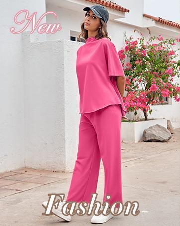 Imily Bela Women's Two Piece Outfits Crew Neck Pullover Tops 3/4 Batwing Sleeve Capelet Wide Leg Pants Casual Lounge Set