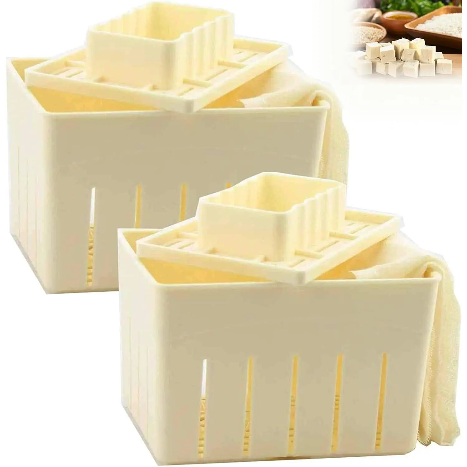2PCS Food Grade Plastic Tofu Press Mould, DIY Homemade Tofu Maker & Cheese Press Kit with Reusable Soybean Curd Cheese Cloth, Drainage Slot Design Compact Kitchen Tools