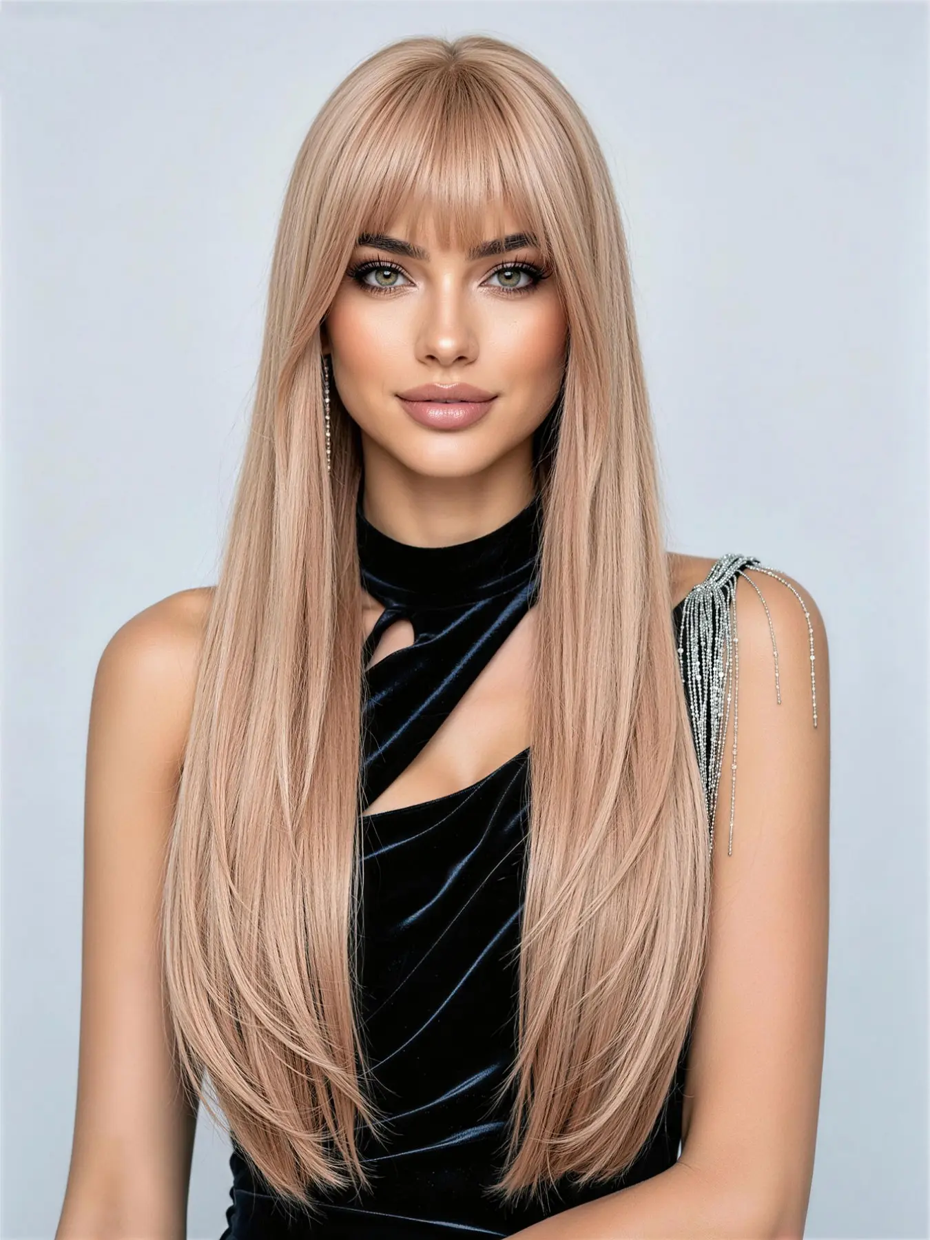 26-Inch Rose Gold Straight Bangs Long Hair Wig, Heat-Resistant Synthetic Full Head Wig for Women, Suitable for Daily and Party Wear