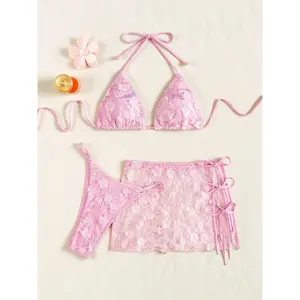 Shiny Sequin Pink Mesh Skirt 3 Piece Bikini Set Women Push Up Bra Thong Swimsuit Brazilian Beach Bathing Suit Holiday Swimwear