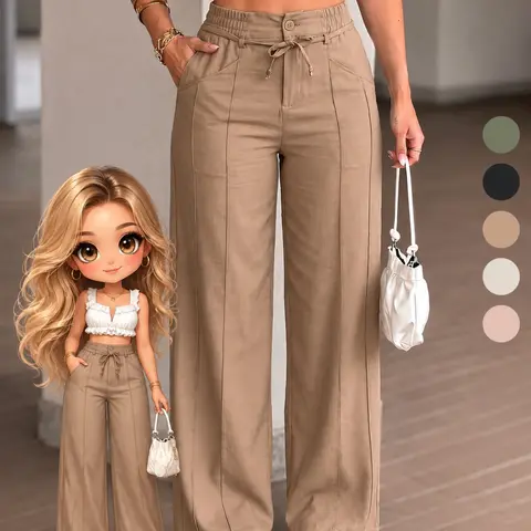 Women's New Summer Adjustable Drawstring High Waist Wide Leg Pants, Casual Chic Trousers, Casual Basic Trousers, Casual Fashion Trousers, Straight Leg Floor-Length Casual Wear, Versatile Bottoms for Everyday Use