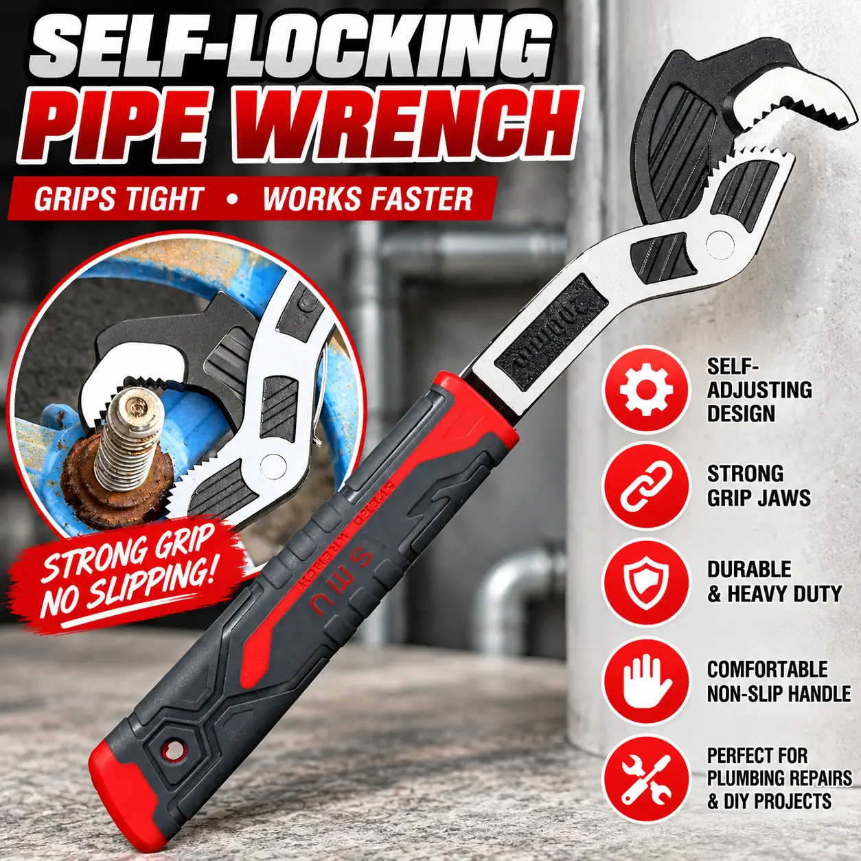 Heavy-Duty Self-Adjusting Water Pipe Wrench, Multifunctional Universal Plumbing Tool with Automatic Self-Locking Jaw Design, Ergonomic Soft-Grip Handle & Adjustable Opening, Durable Industrial-Grade Spanner for Pipe Installation, Faucet Maintenance, House