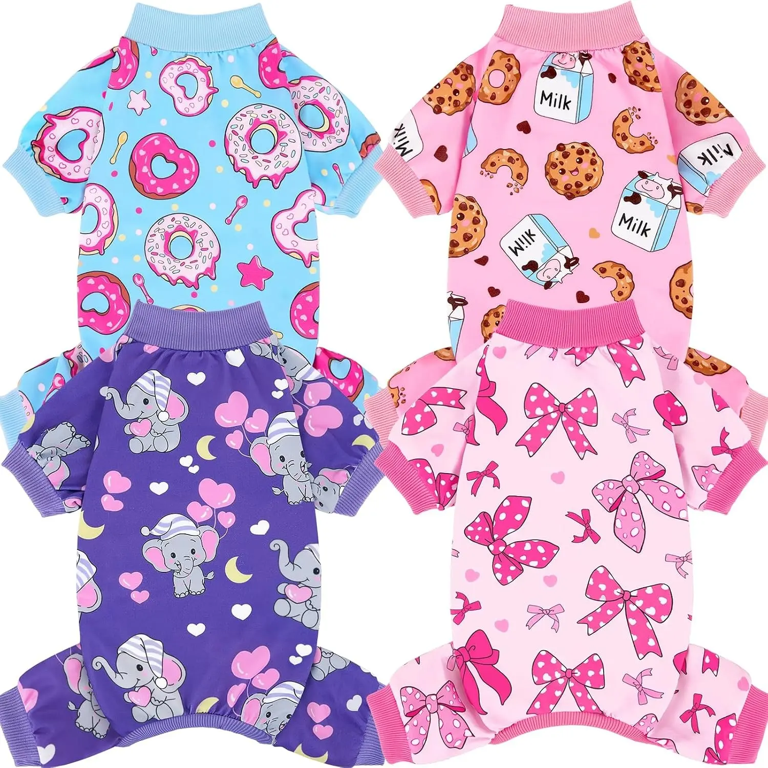 4-Piece Stretchy Fabric Dog Pajamas - Easy On/Off Puppy Onesies with Multiple Prints, Pet Clothes for Small-Medium Dogs, Cat Outfit, 153-S