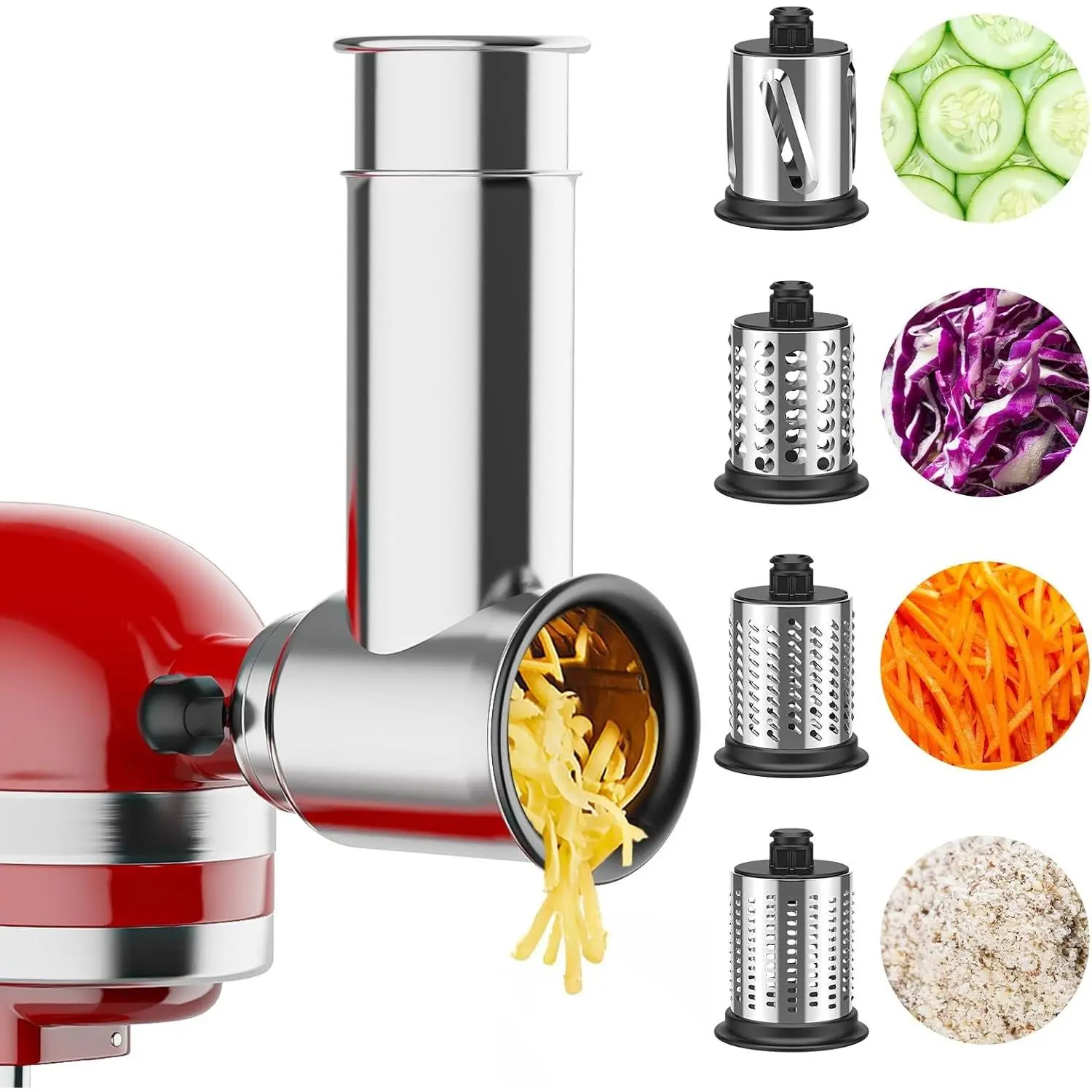Stainless Steel Slicer Shredder Attachment for Kitchenaid Stand Mixer, Cheese Grater, Salad Maker Accessories for Kitchenaid Mixer, Grinding Powder with 4 Blades