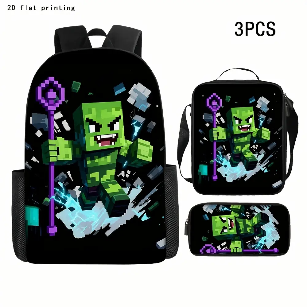 Durable Water Resistant 3-Piece Kids Backpack Set, School Backpack + Lunch Bag + Pencil Case, Minecraft Green Block Zombie Purple Magic Staff Lightning Splash Black Background Print, 600D Oxford, Breathable Straps