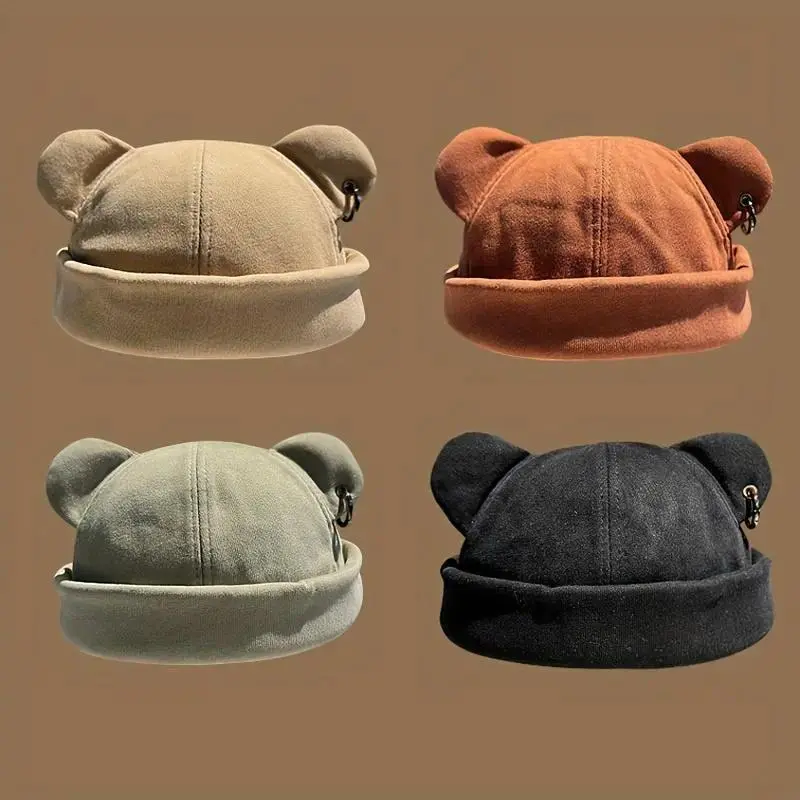 Cute Bear‑Ear Brimless Docker Hat With Metal Ring Decor, Soft Rolled‑Cuff Unisex Skullcap, Breathable Casual Streetwear Beanie For Daily Outing, Back‑to‑School And Outdoor Activities