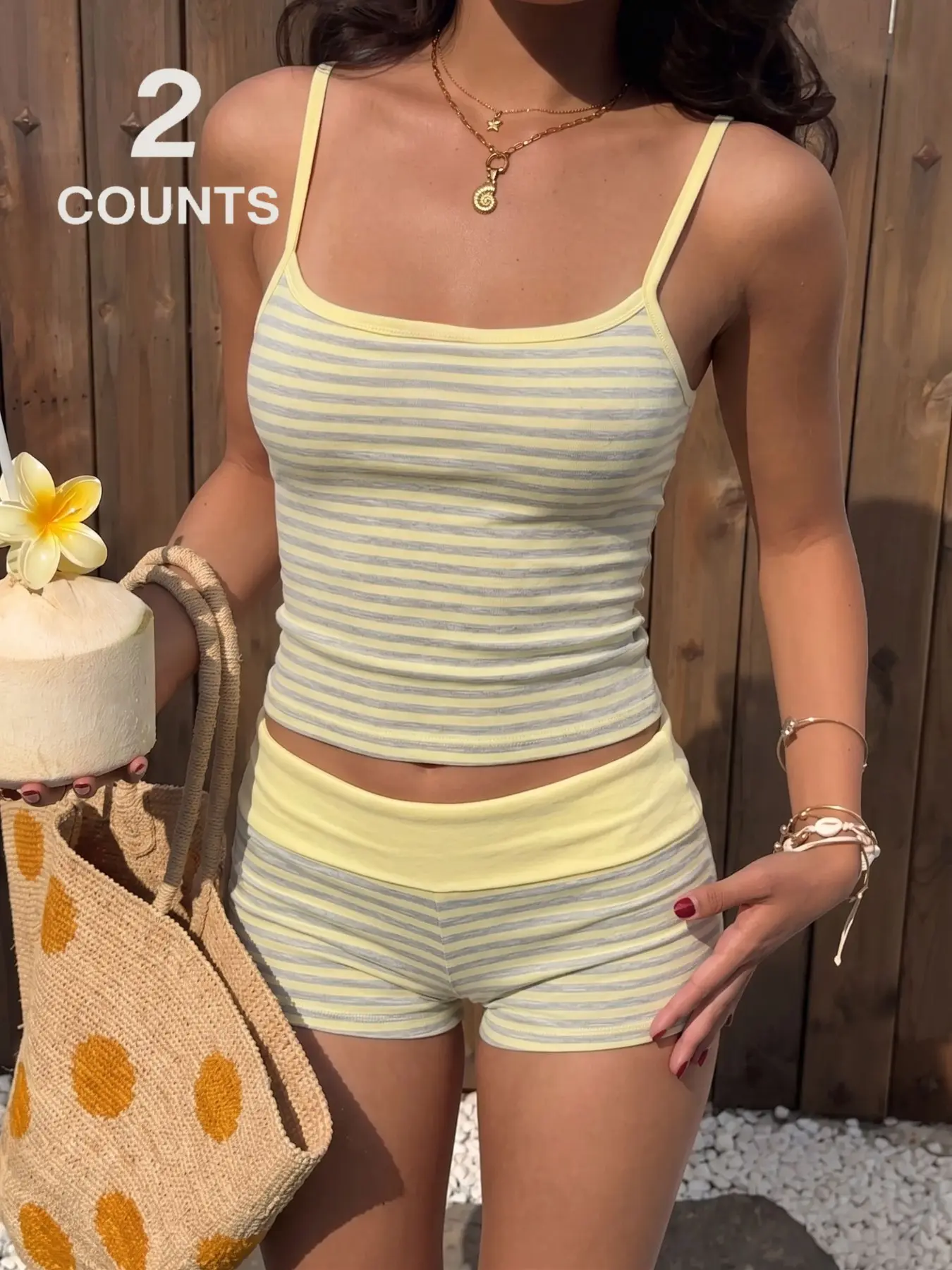 Women Matching Two Piece Set Pale Yellow Grey Stripe Slim Spaghetti Strap Tank Contrast Solid Fold Over Waist Short Pants Separable Beach Co Ord Casual Beach Set