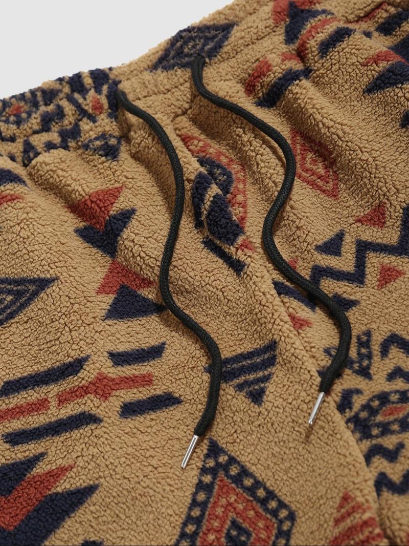 Men's Random Ethnic Pattern Drawstring Waist Thermal Pants, Loose Casual Pocket Design Bohemian Street Trousers for Fall & Winter, Men's Bottoms for Daily Wear