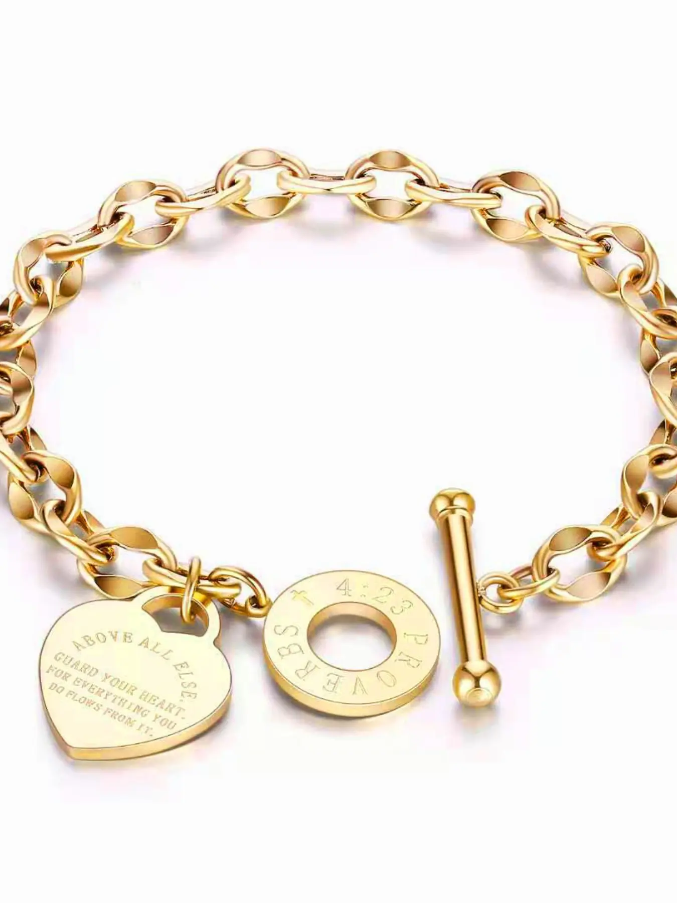Stainless Steel Bracelet, Engraved Heart Design, Casual Style, Inspirational Quote Chain, Women's Thick Link Bracelet