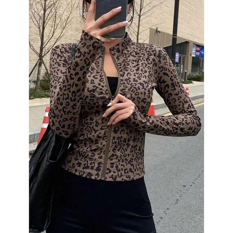 Women Slim Fit Stand Collar Print Jacket With Zipper,Fall Clothes