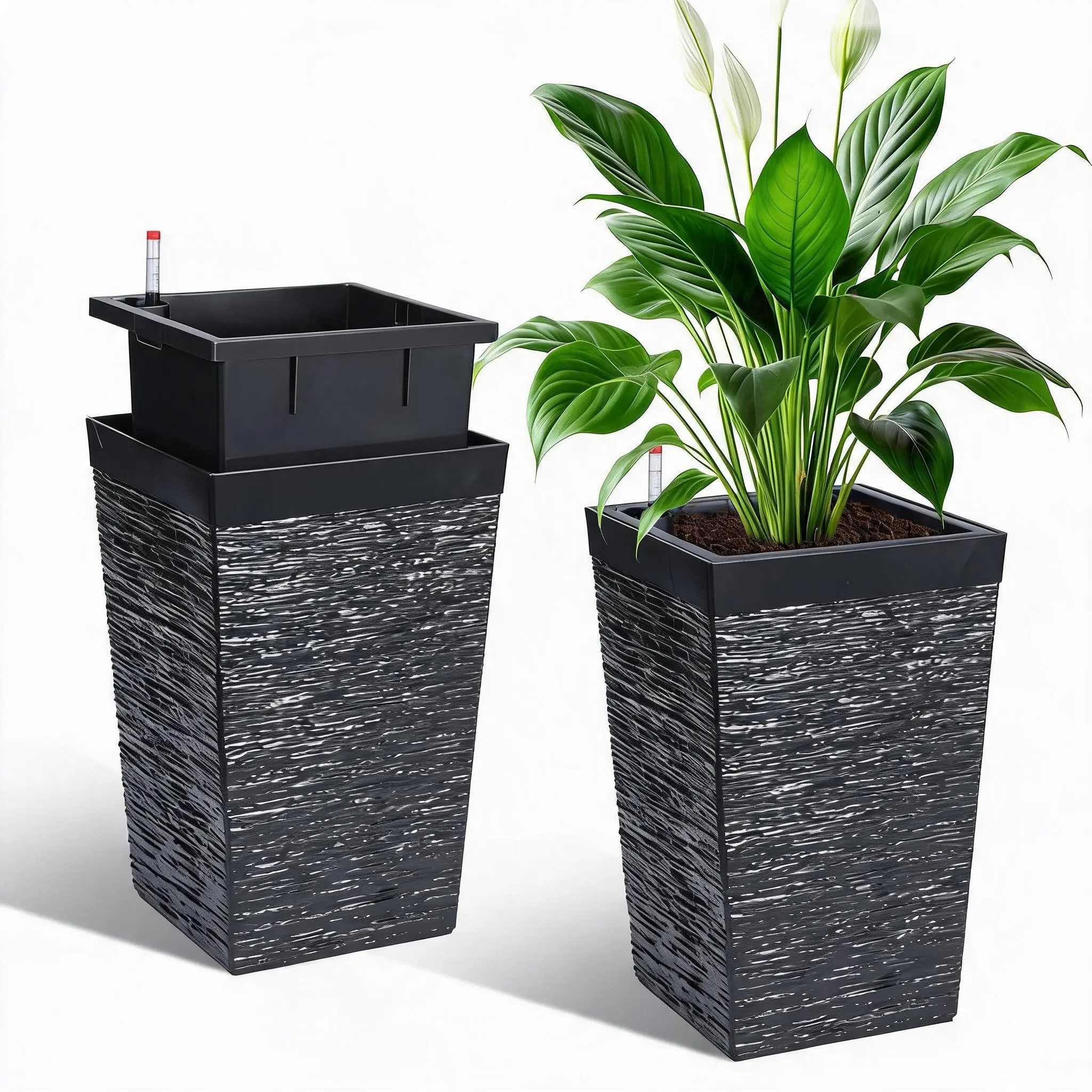 16" Tall Planters Set of 2, Outdoor＆Indoor Planter Pots, Black | Self Watering Tall Planters, High Front Porch Planters Pots with Drainage Holes＆Water Level Monitor
