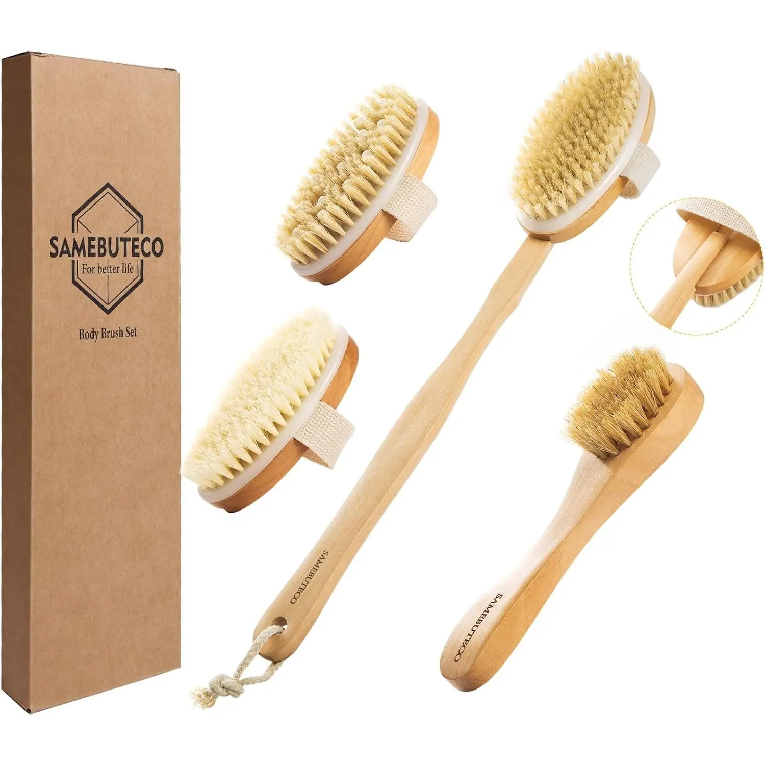 Dry Brushing Body Brush Set with Slide-in Long Handle, 4-in-1 Wooden Bath Scrubber with Face Brush & 3 Interchangeable Heads (Boar Bristle, Soft Washer, Nodal Massager) for Exfoliating