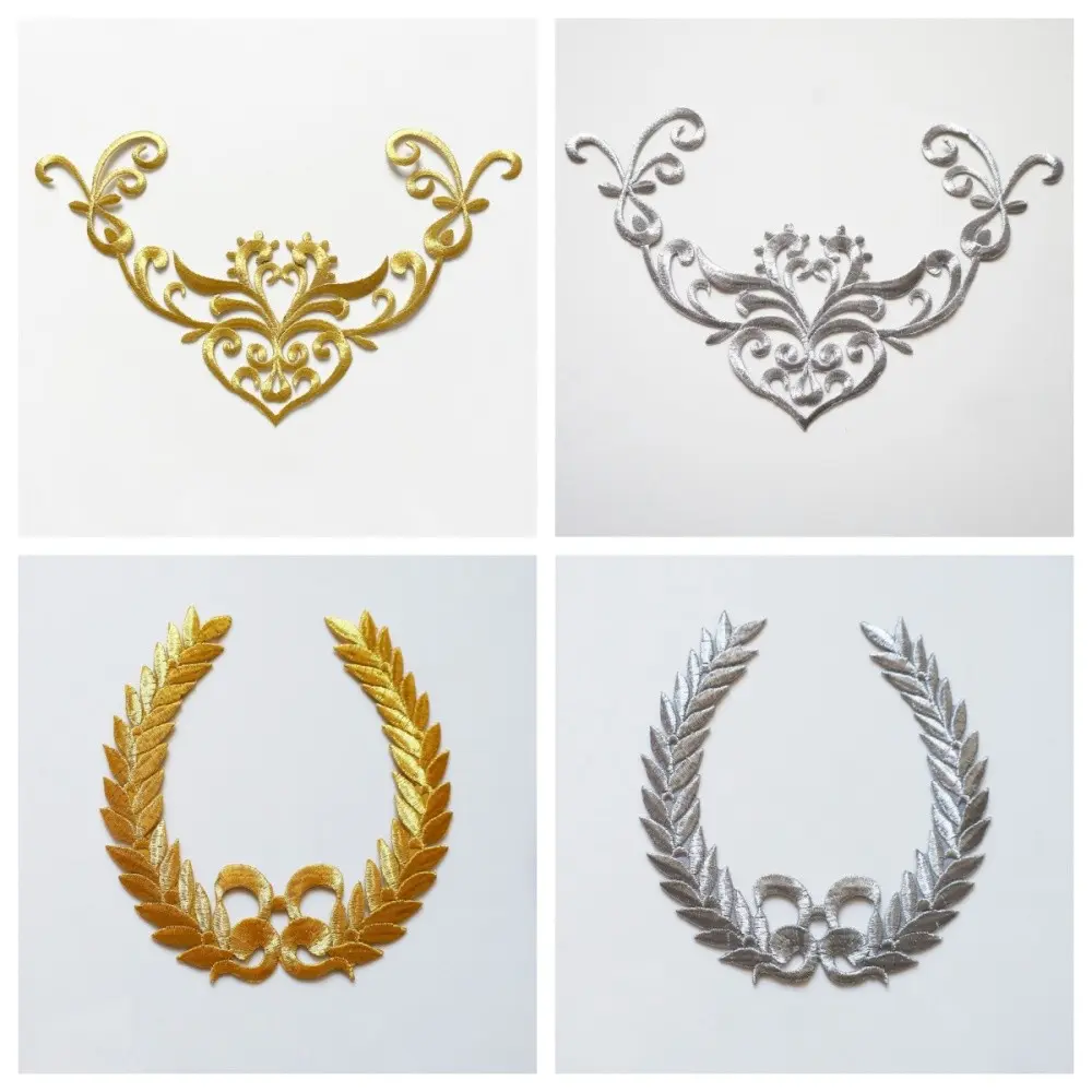 Gold Silver Embroidered Baroque Flower Applique Iron Sew On Patch For Wedding Bridal Gown Clothes Fabric Dress Decor DIY Crafts