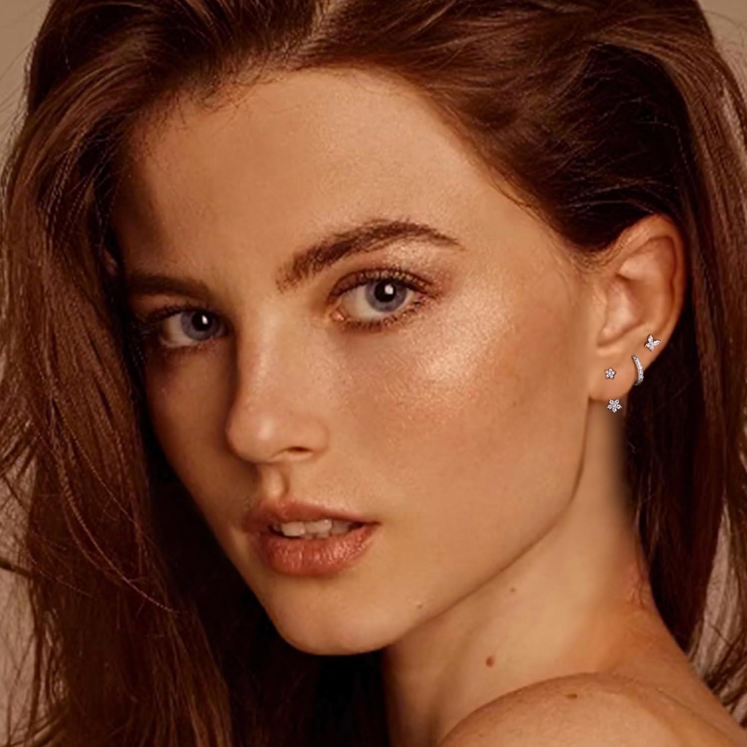 Trendy 14K Gold Plated Earrings for Women Earrings for Multiple Piercings Cartilage Stud Small Hoop Dainty Earrings Set Jewelry