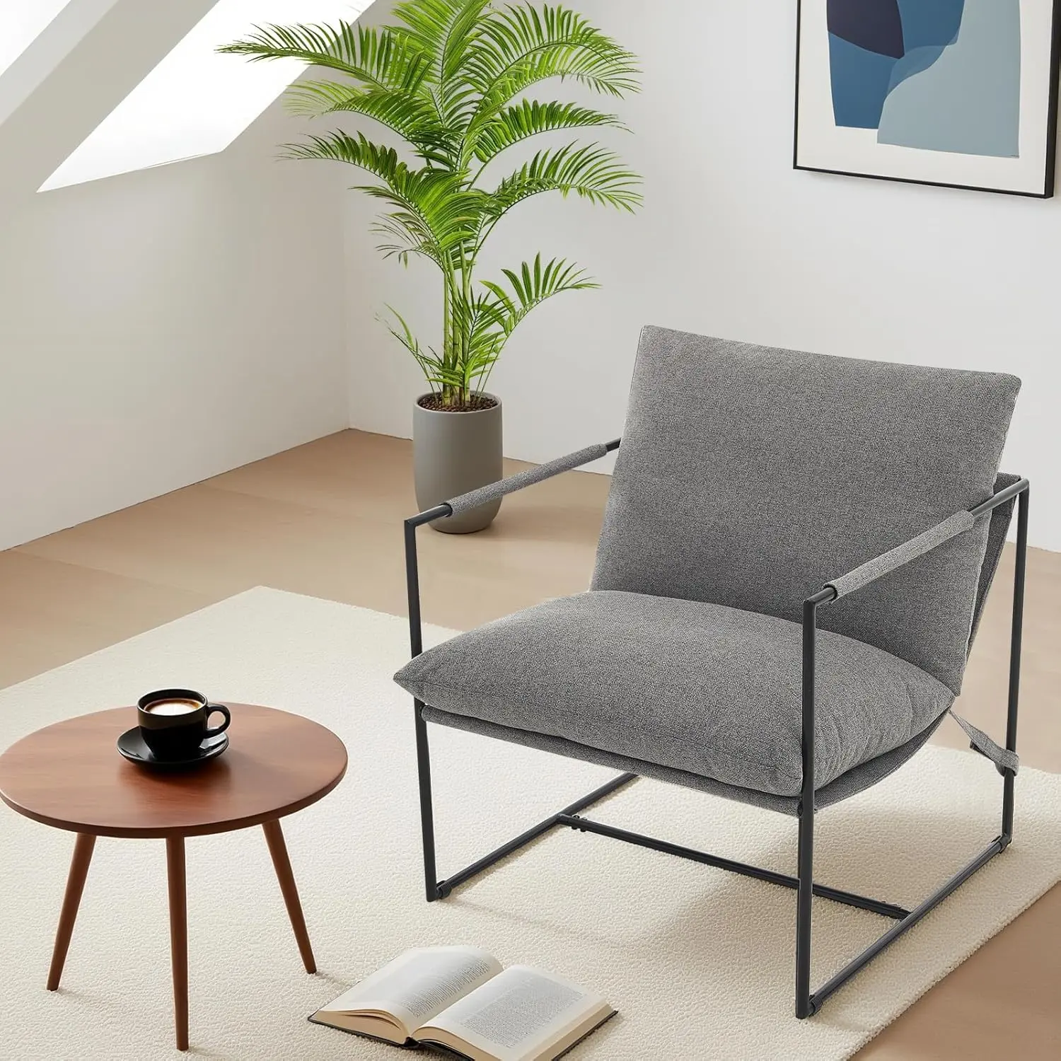Garvee Sling Armchair for Living Room, Modern Metal Frame Lounge Accent Chair with Upholstered Shredded Foam Cushions, Cozy Reading Chair for Bedroom, Lounge, Home Office, Light Grey Linen