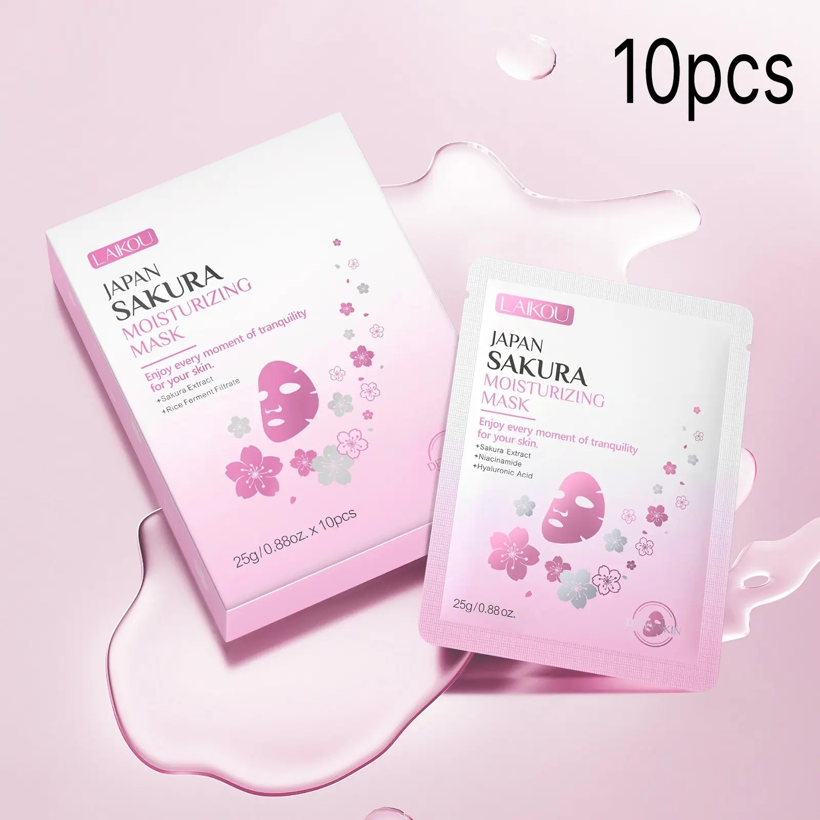 LAIKOU Japan Sakura Moisturizing Face Mask 10Pcs, Cherry Blossom Extract Sheet Mask, Deep Hydrating Soothing Nourishing Facial Mask, Brightening Skincare Sheet Mask for Dry Dull Skin