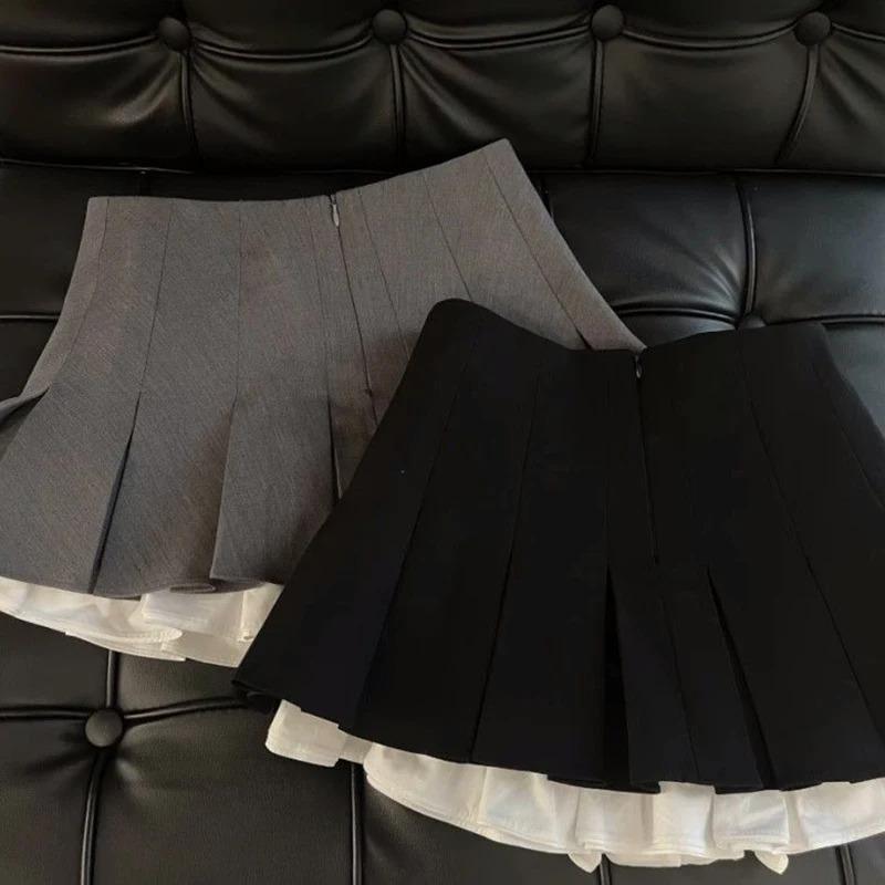 Ruffles Black Mini Skirt Women Korean Patchwork Pleated Skirts Japanese Kawaii High Waist All Match A Line Skirt