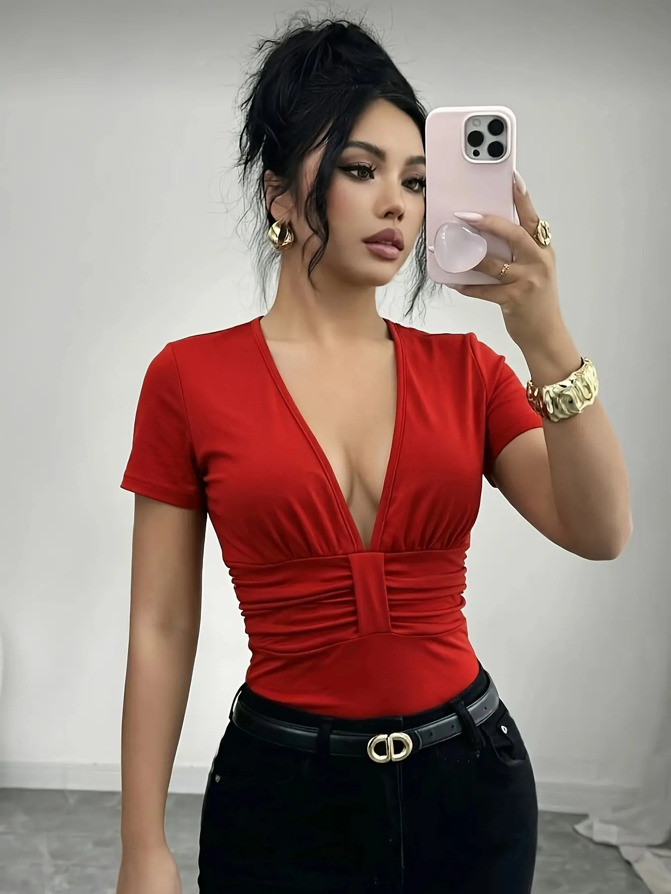 French Vintage Deep V Neck Waist Cinch Slimming Short Sleeve Top, Elegant Retro Design, Perfect for Stylish