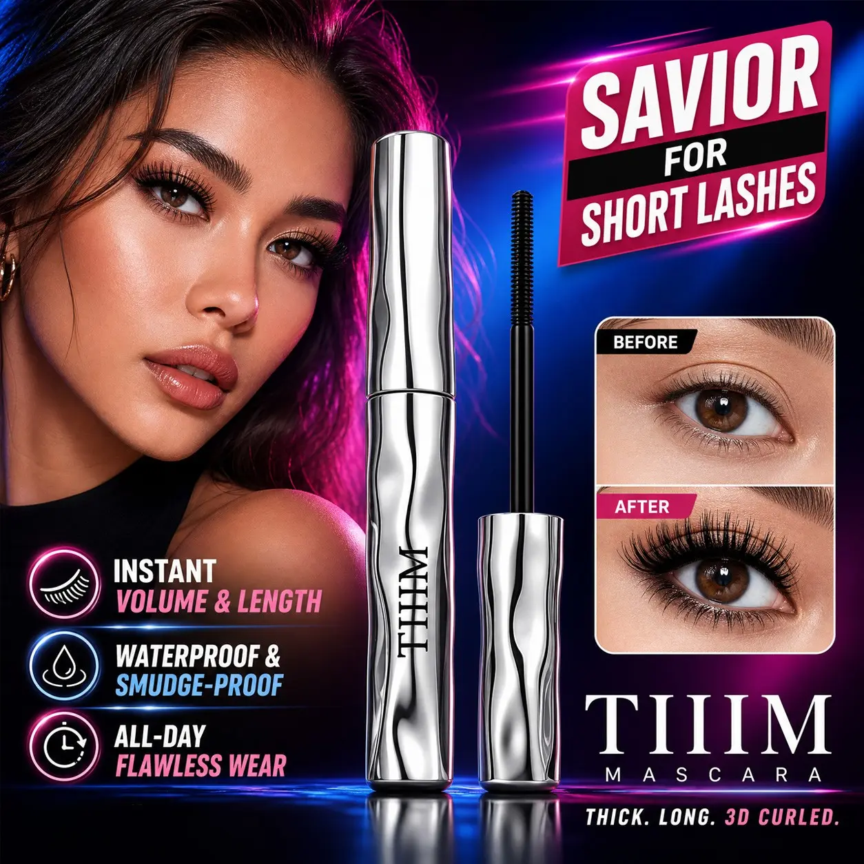 Beginner Friendly Wavy Gloss Tube Longwear Mascara For Short Lashes, Flexible Spiral Brush, Flake-Free Smooth Cream, Waterproof Smudge Resistant, Instant Volume Length & 3D Curl For Natural Or Bold Lash Makeup