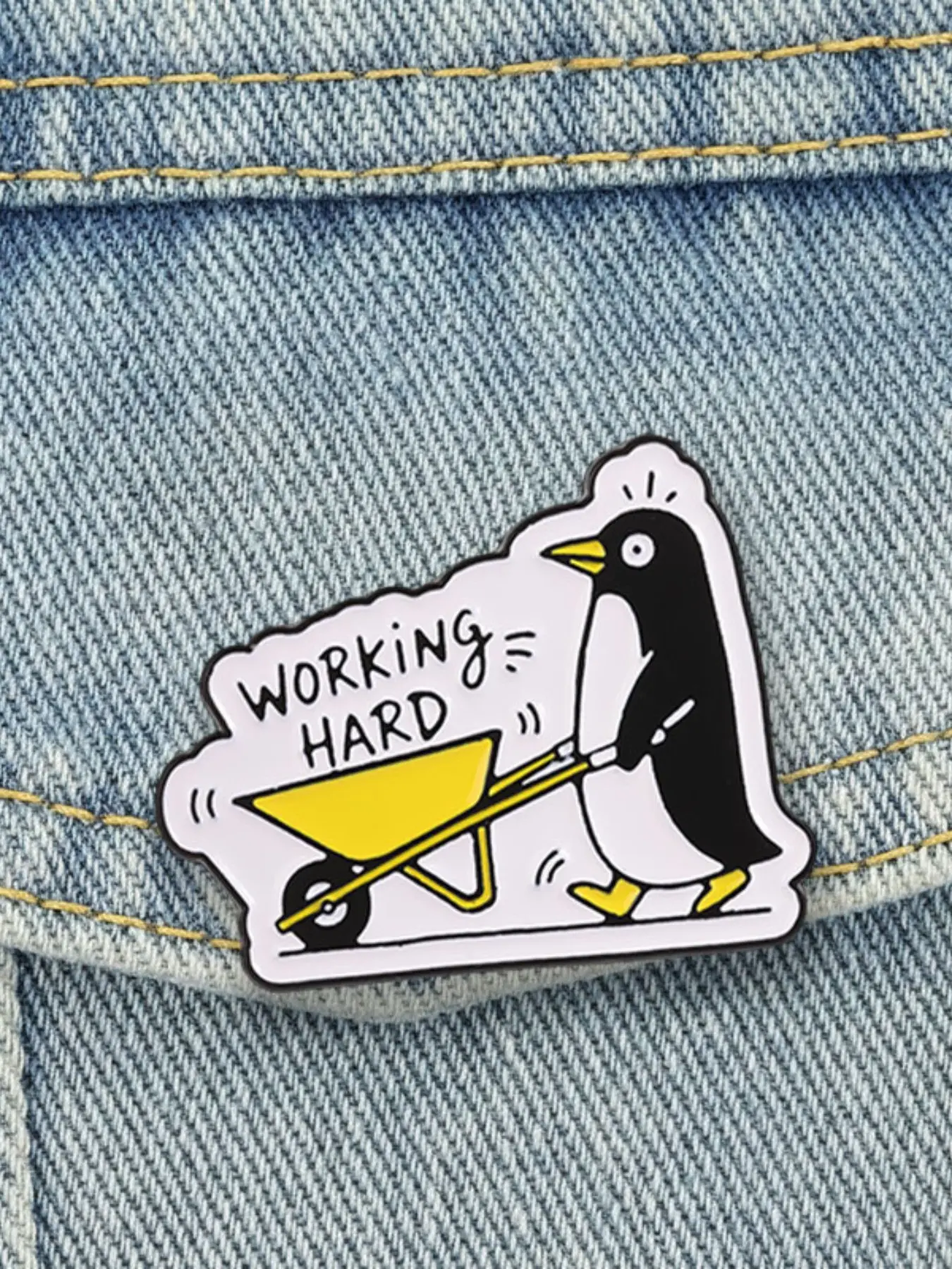 Working Hard Penguin Enamel Pin, Cartoon Penguin Wheelbarrow Lapel Brooch, Worker Meme Badge, Fun Fashion Accessory for Clothes