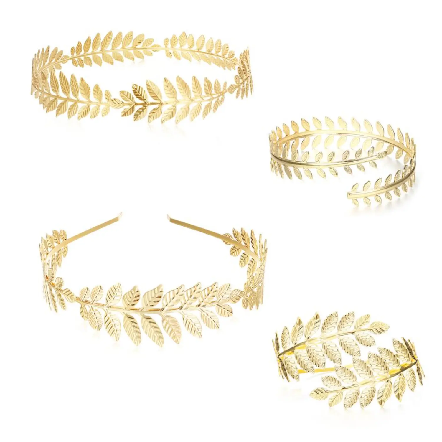 4PCS Greek Goddess Headband & Arm Cuff Bridal Jewelry Set, Roman Laurel Leaf Branch Crown Arm Band Upper Arm Bracelet for Women Party
