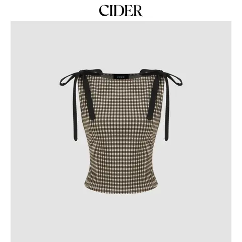 Cider Jacquard Boat Neck Gingham Bowknot Tank Top