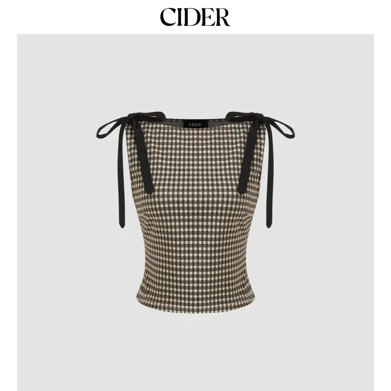 Cider Jacquard Boat Neck Gingham Bowknot Tank Top